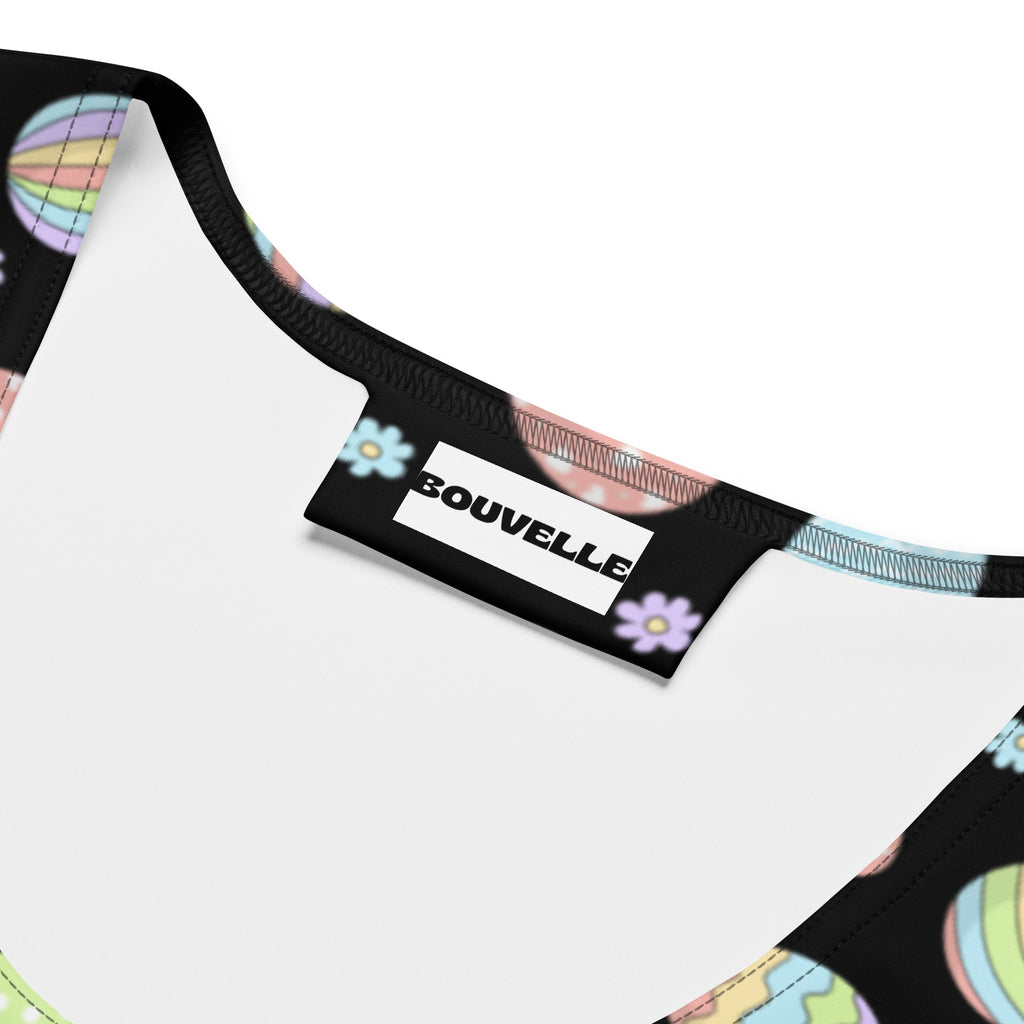 Black bouvelle tank top with pastel hot air balloons and flowers quick drying buttery soft fabric upf 50 plus