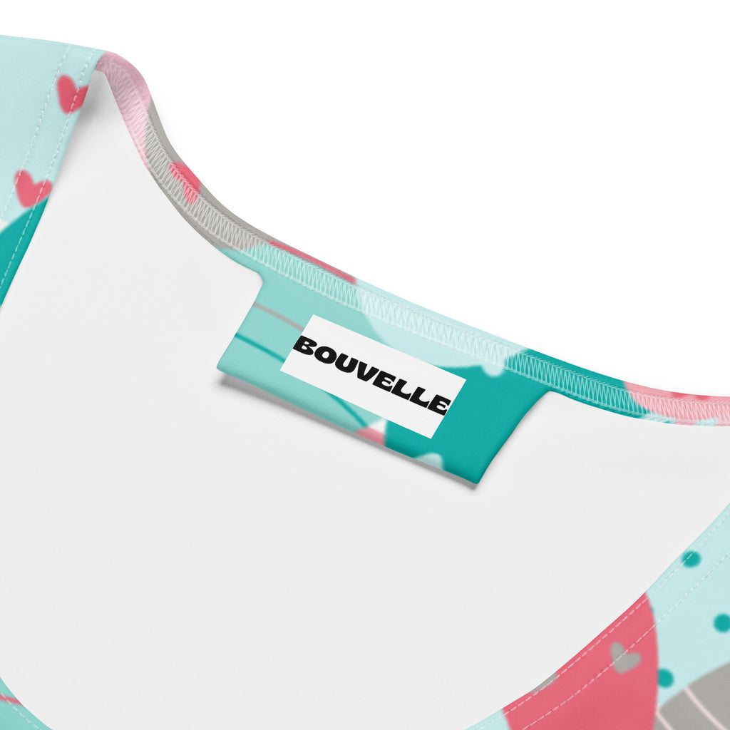 Bouvelle women’s quick drying tank top with teal and pink heart pattern buttery soft fabric and UPF 50 plus protection