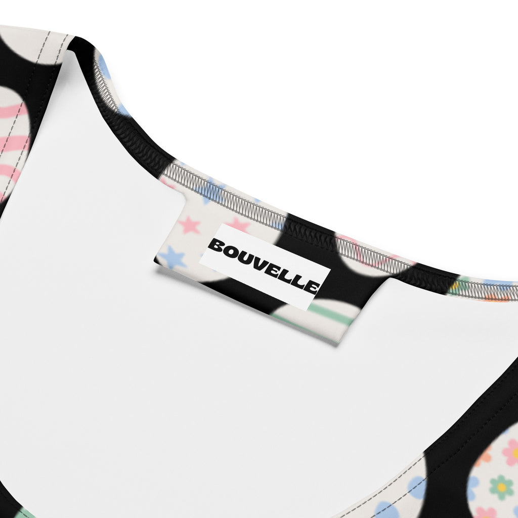Bouvelle women’s bunny and chick easter tank top with white base black trim pastel stars and stripes quick drying buttery soft fabric upf 50+