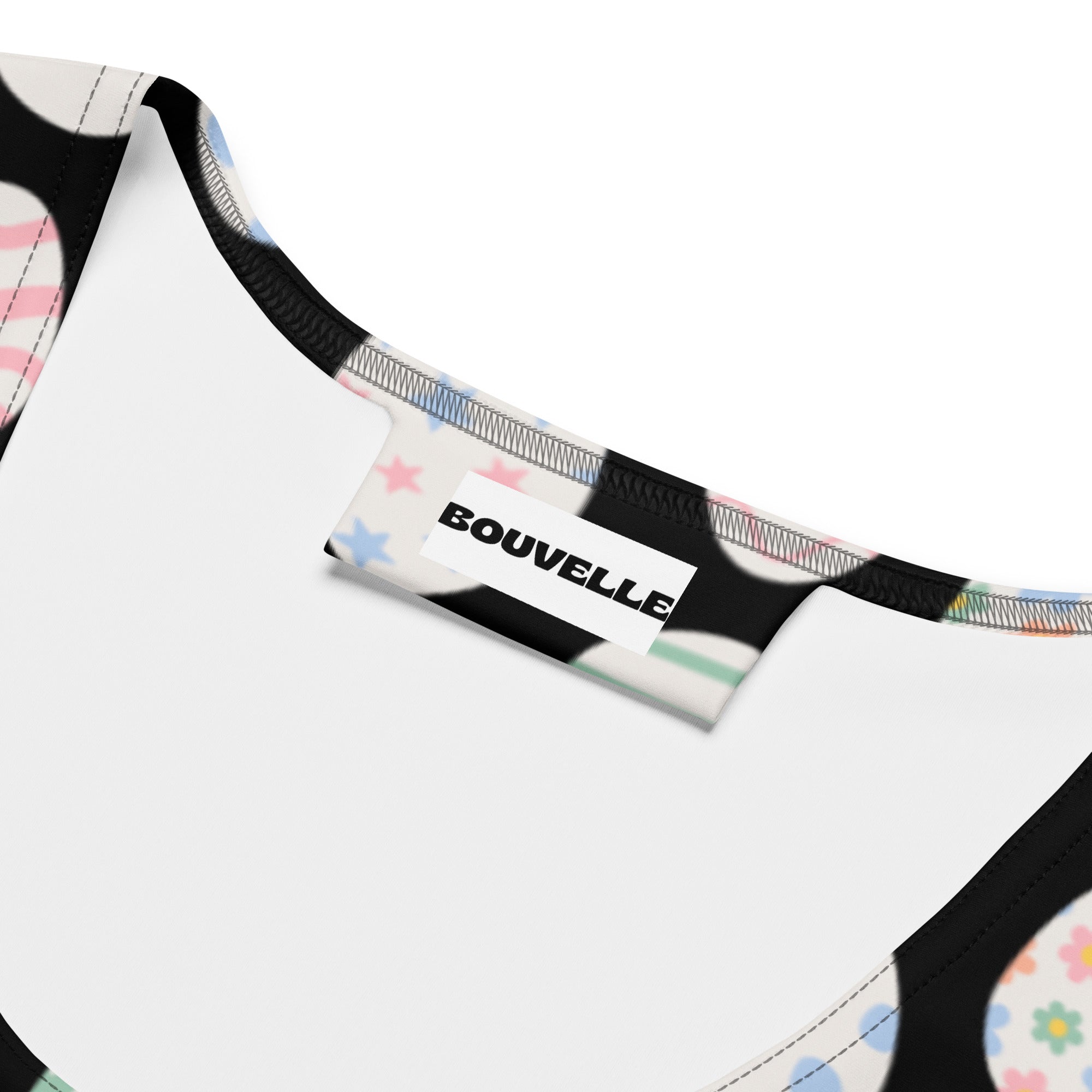 Bouvelle women’s bunny and chick easter tank top with white base black trim pastel stars and stripes quick drying buttery soft fabric upf 50+