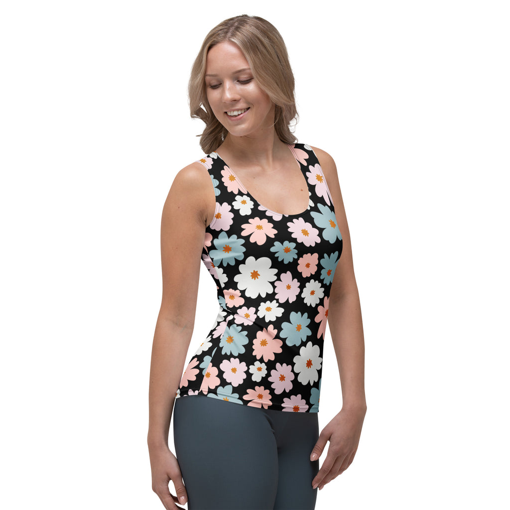 Women’s retro floral tank top in black with pastel pink white and blue daisies quick drying buttery soft fabric upf 50+