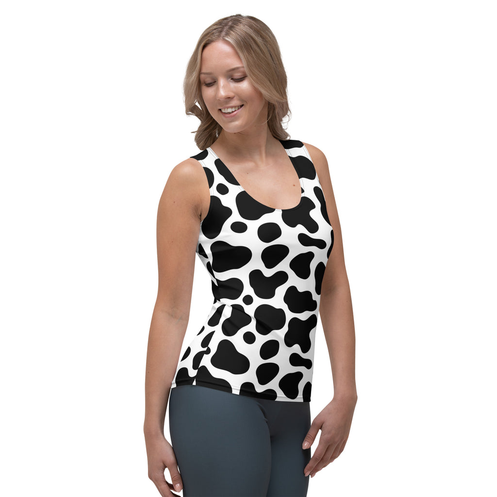 Women’s cow print tank top in black and white with quick drying buttery soft fabric and upf 50 plus protection