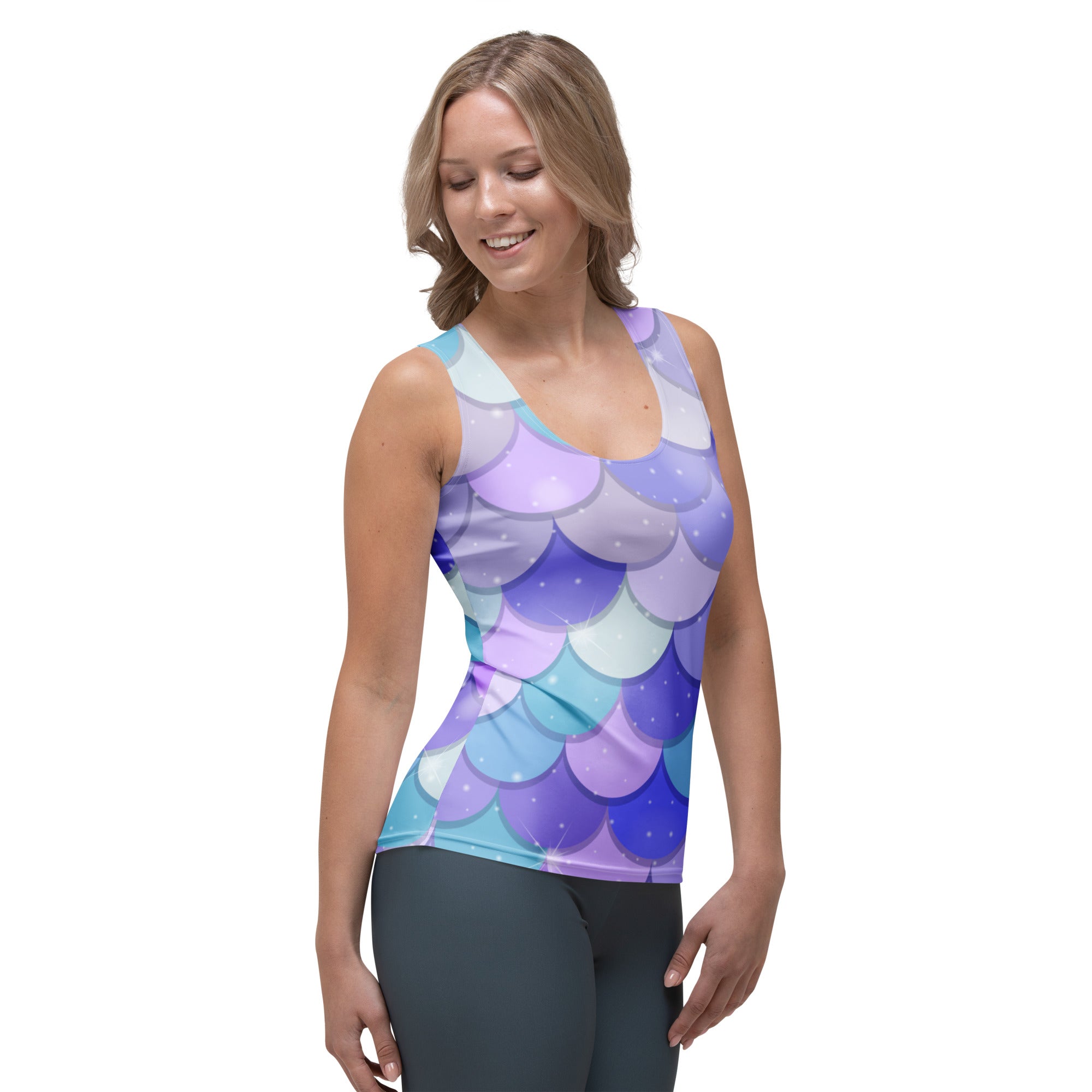 Women’s sleeveless tank top with vibrant purple blue teal mermaid scale pattern and starry accents made of quick drying buttery soft fabric with UPF 50+