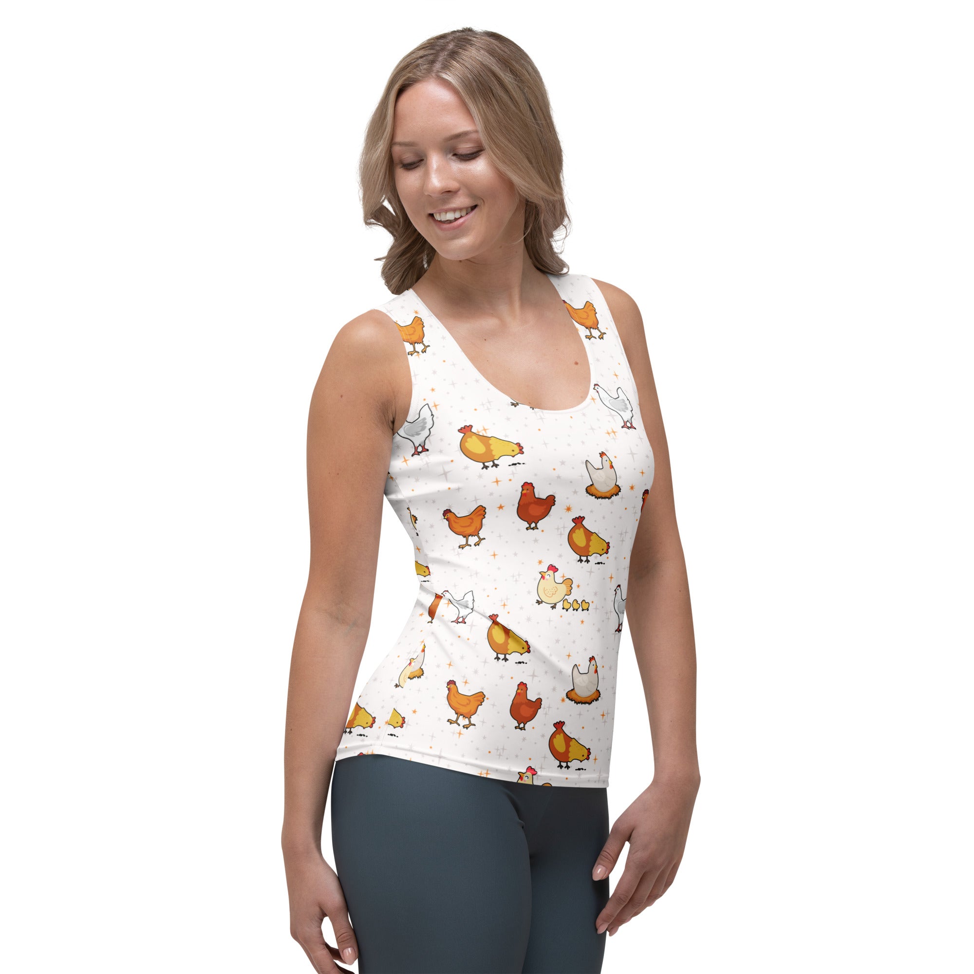 White women’s tank top with playful colorful cartoon chicken pattern made of quick drying soft fabric with upf 50+
