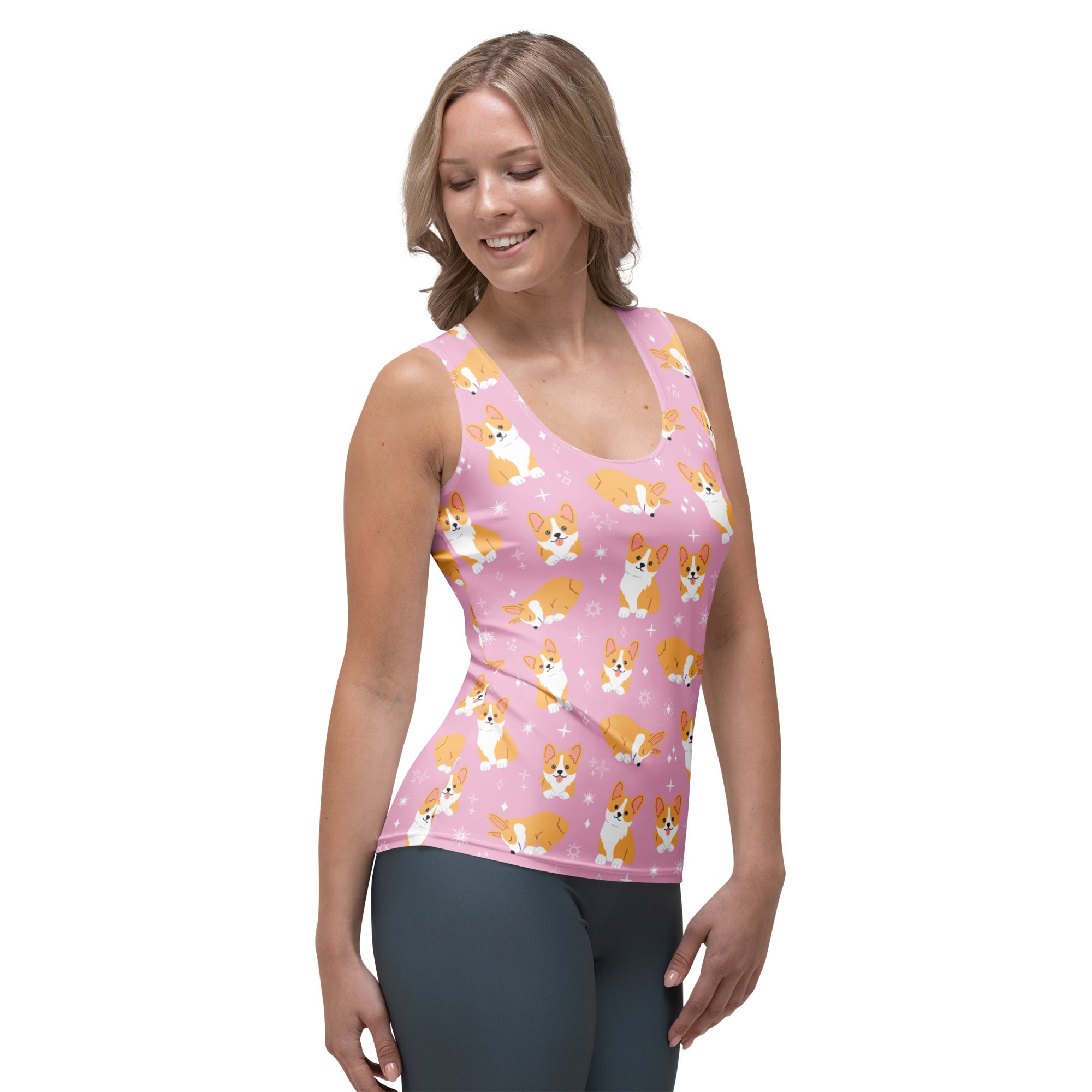 Women’s pink corgi dog tank top with quick drying buttery soft fabric and playful orange and white corgi pattern