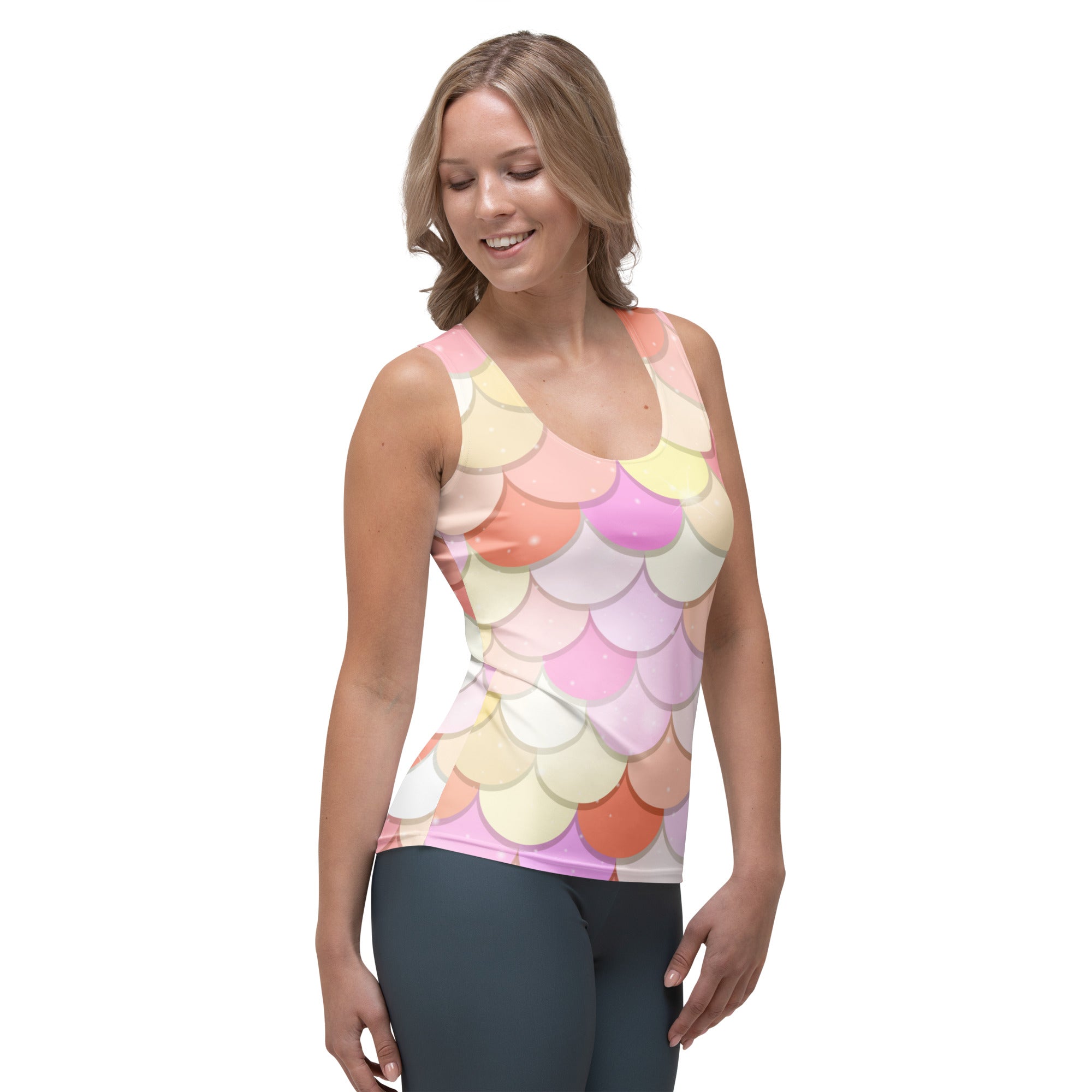 Women’s pink pastel mermaid scale tank top made of buttery soft quick drying fabric with upf 50 plus protection