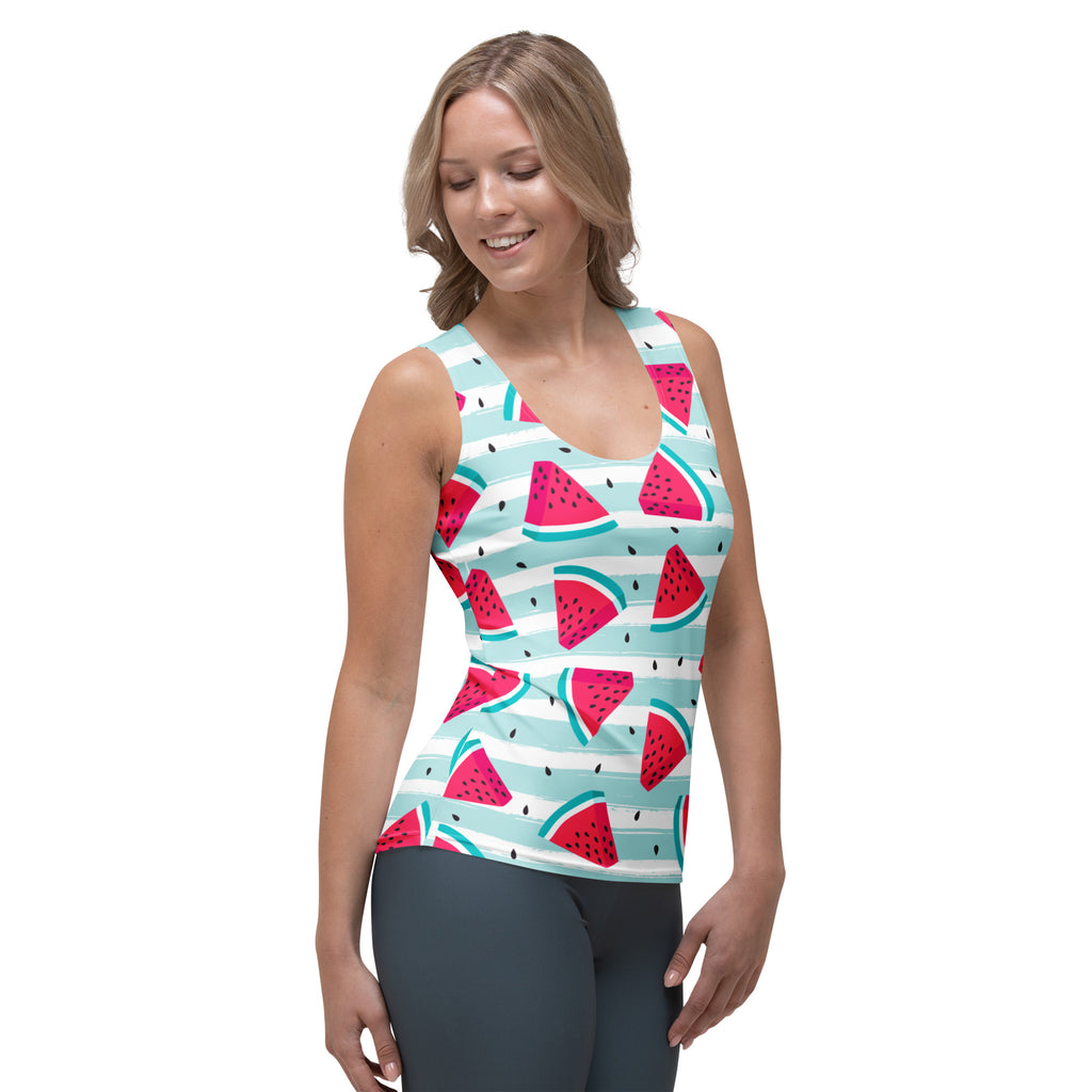 Women’s striped watermelon tank top in light teal and white with quick drying buttery soft fabric and UPF 50 plus protection