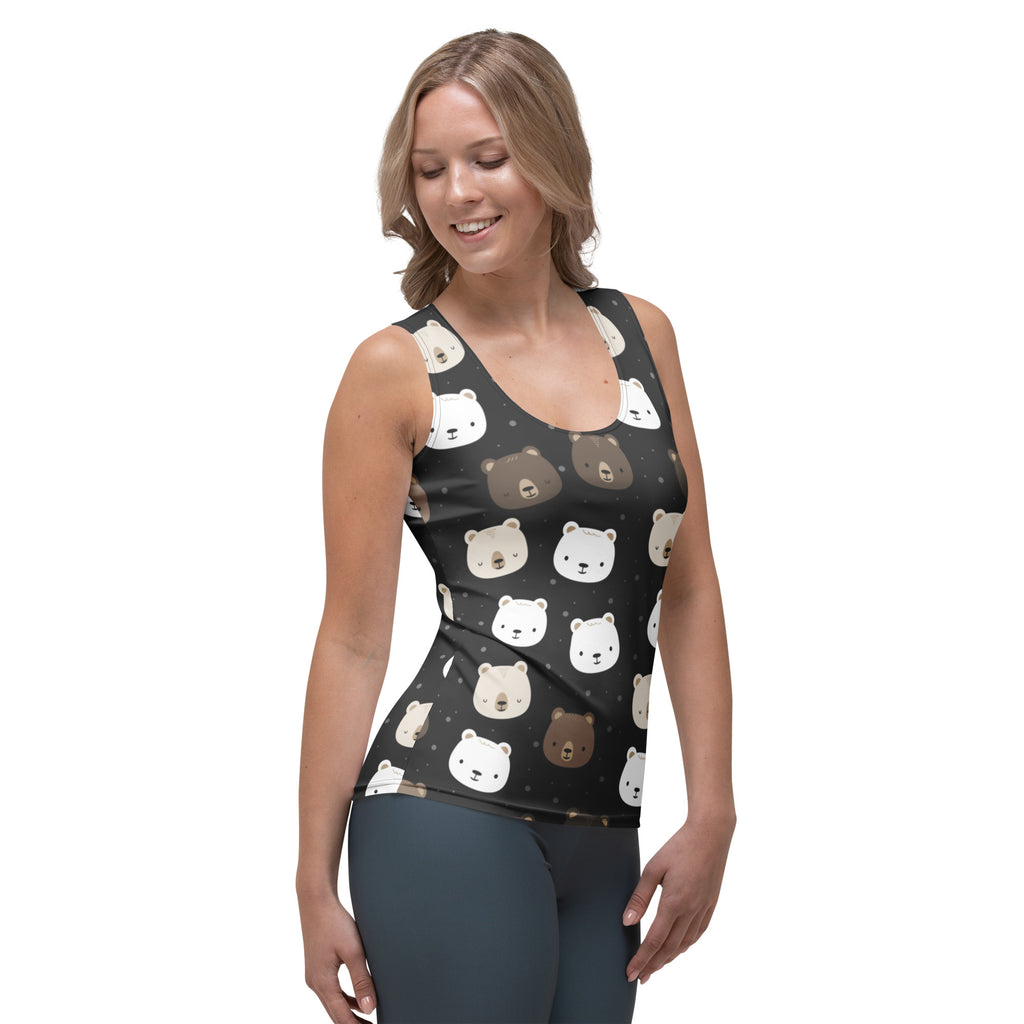 Black women’s tank top with playful white and brown bear faces quick drying buttery soft fabric upf 50+