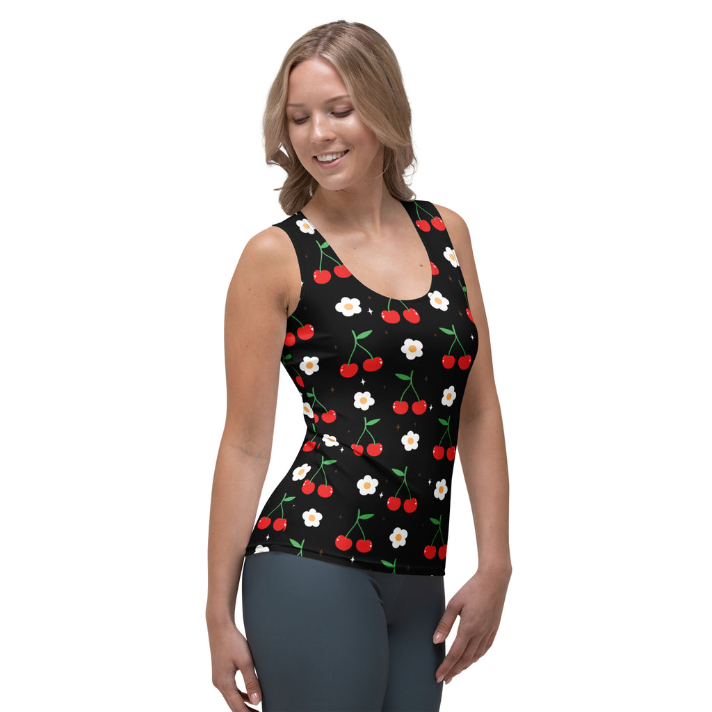 Women’s quick drying black cherry and white flower printed tank top with buttery soft fabric and upf 50 plus protection