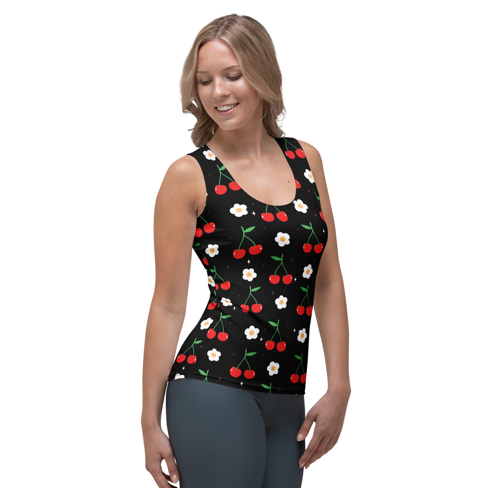Women’s quick drying black cherry and white flower printed tank top with buttery soft fabric and upf 50 plus protection
