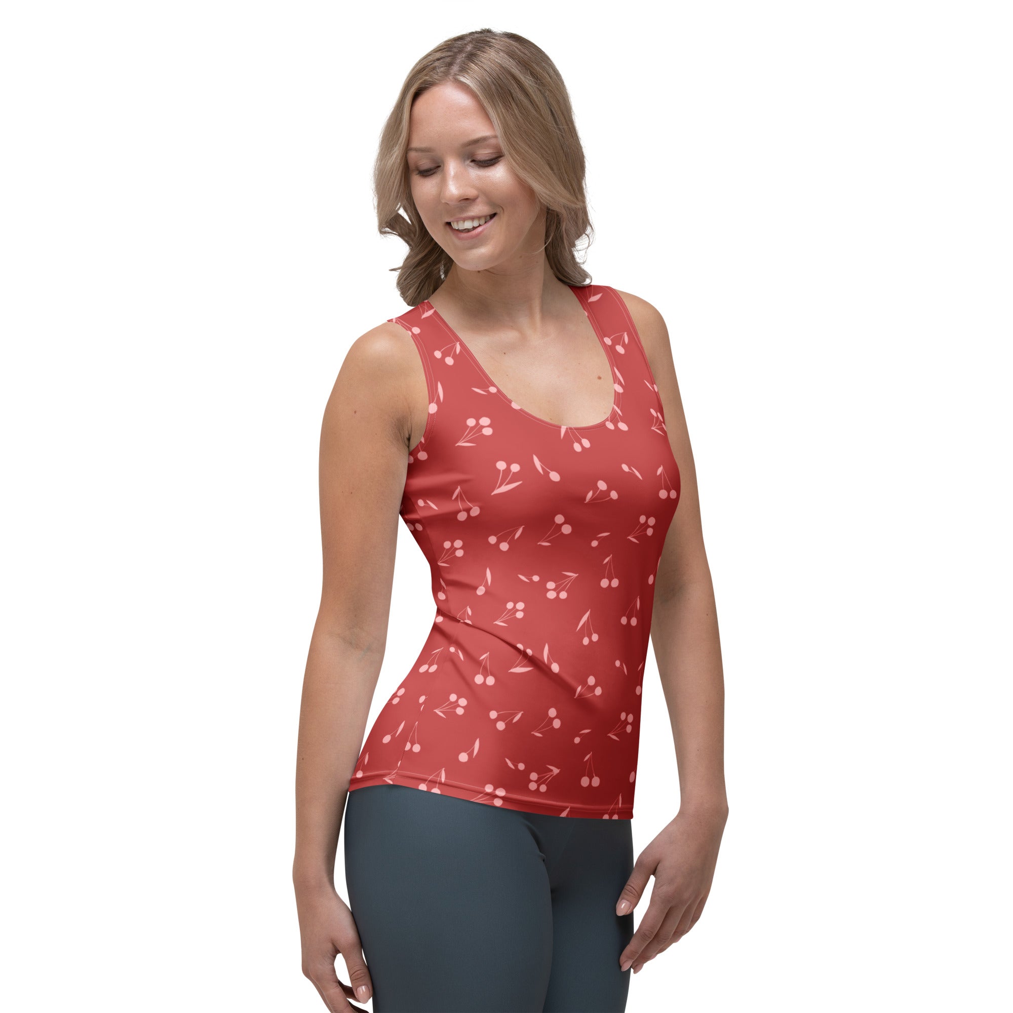 Women’s minimal red cherry print sleeveless top made of quick drying buttery soft fabric with upf 50 plus protection