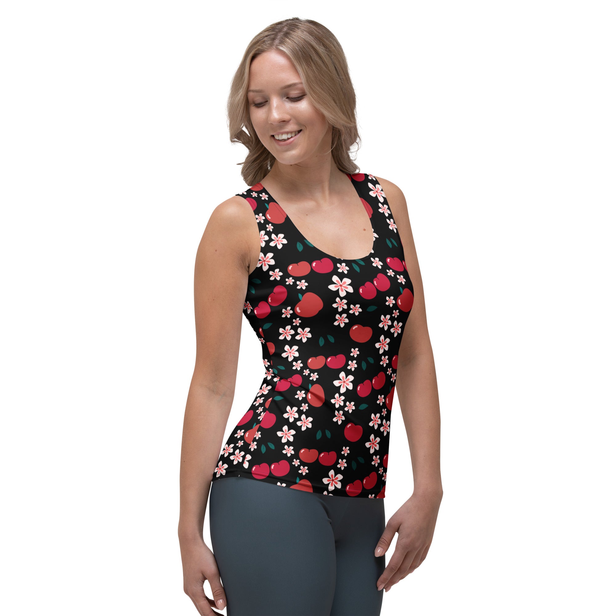 Black women’s tank top with vibrant red cherries and pink flowers quick drying buttery soft fabric upf 50 plus