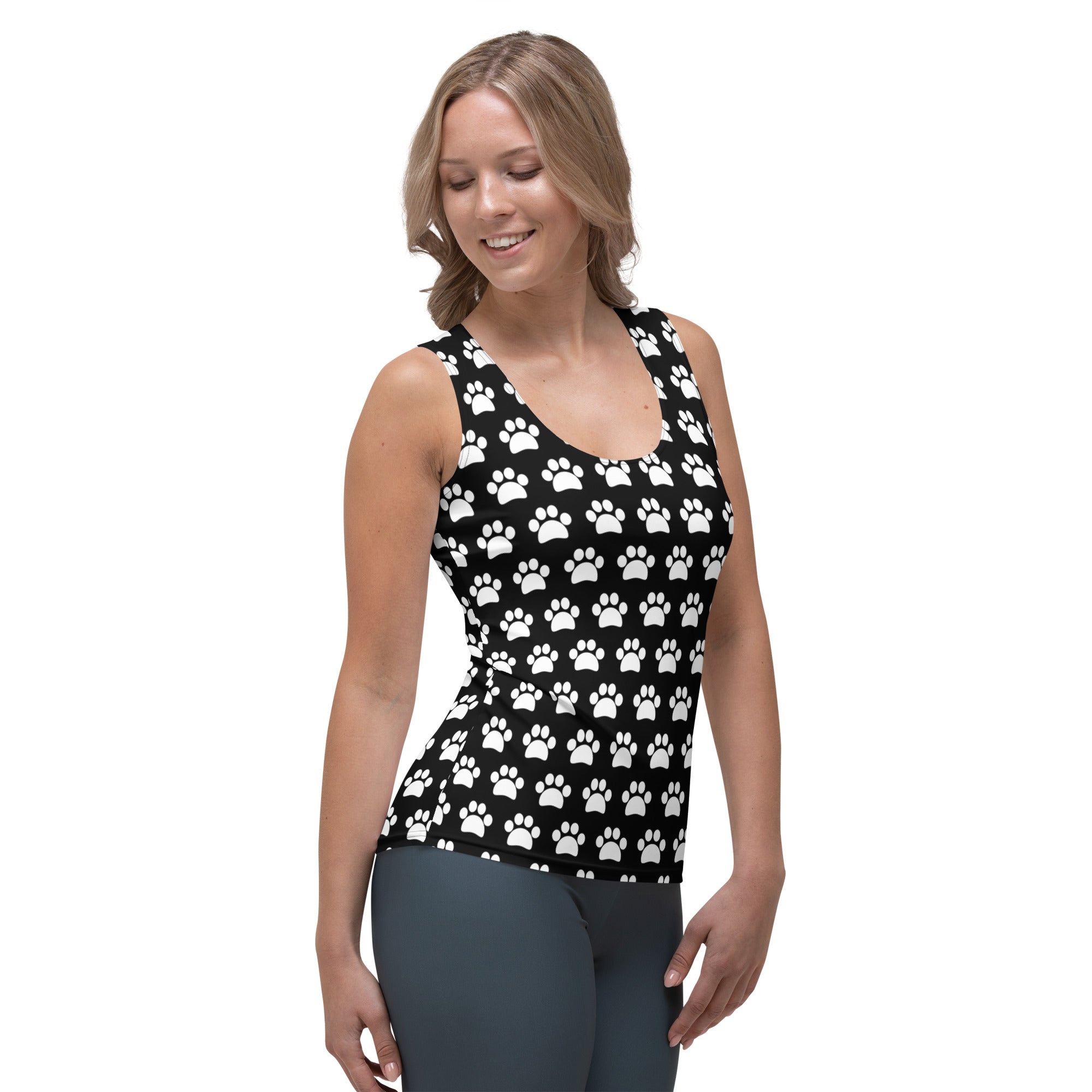 Women’s black and white paw print tank top in quick drying buttery soft fabric with upf 50 plus protection
