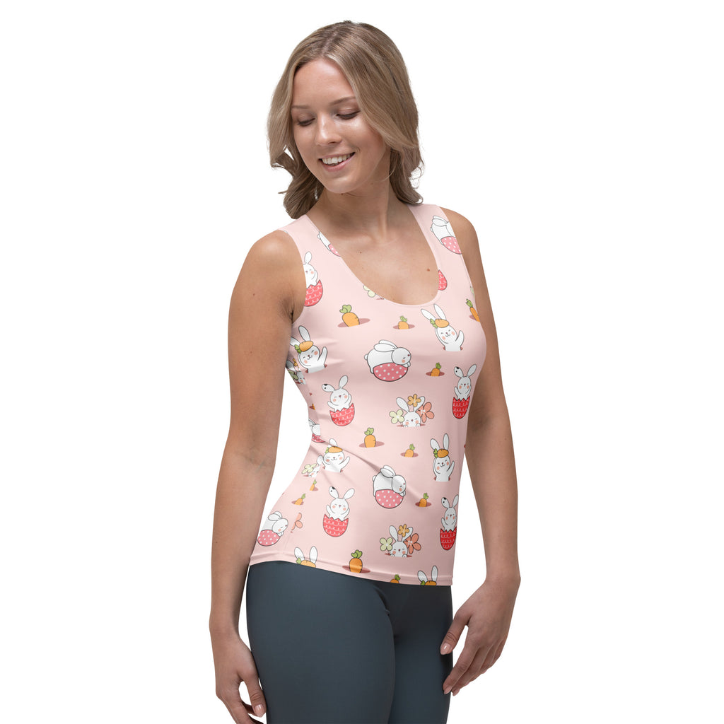 Women’s pink easter bunny tank top with white bunnies carrots pattern quick drying buttery soft fabric upf 50+