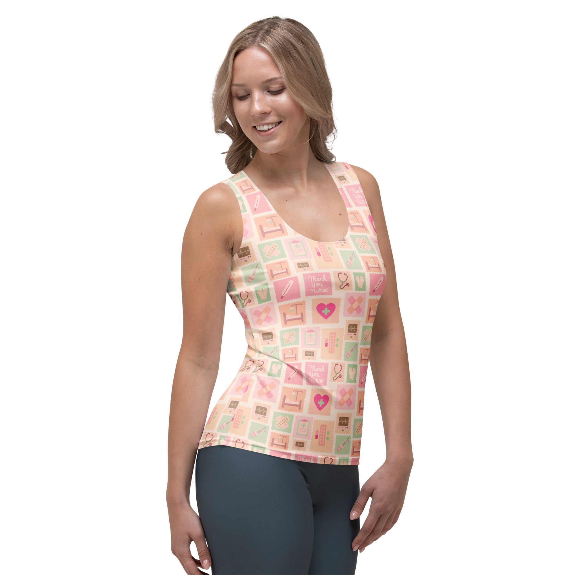 Women’s pink nurse icon tank top in pastel pink and mint green with medical graphics quick drying buttery soft fabric upf 50+