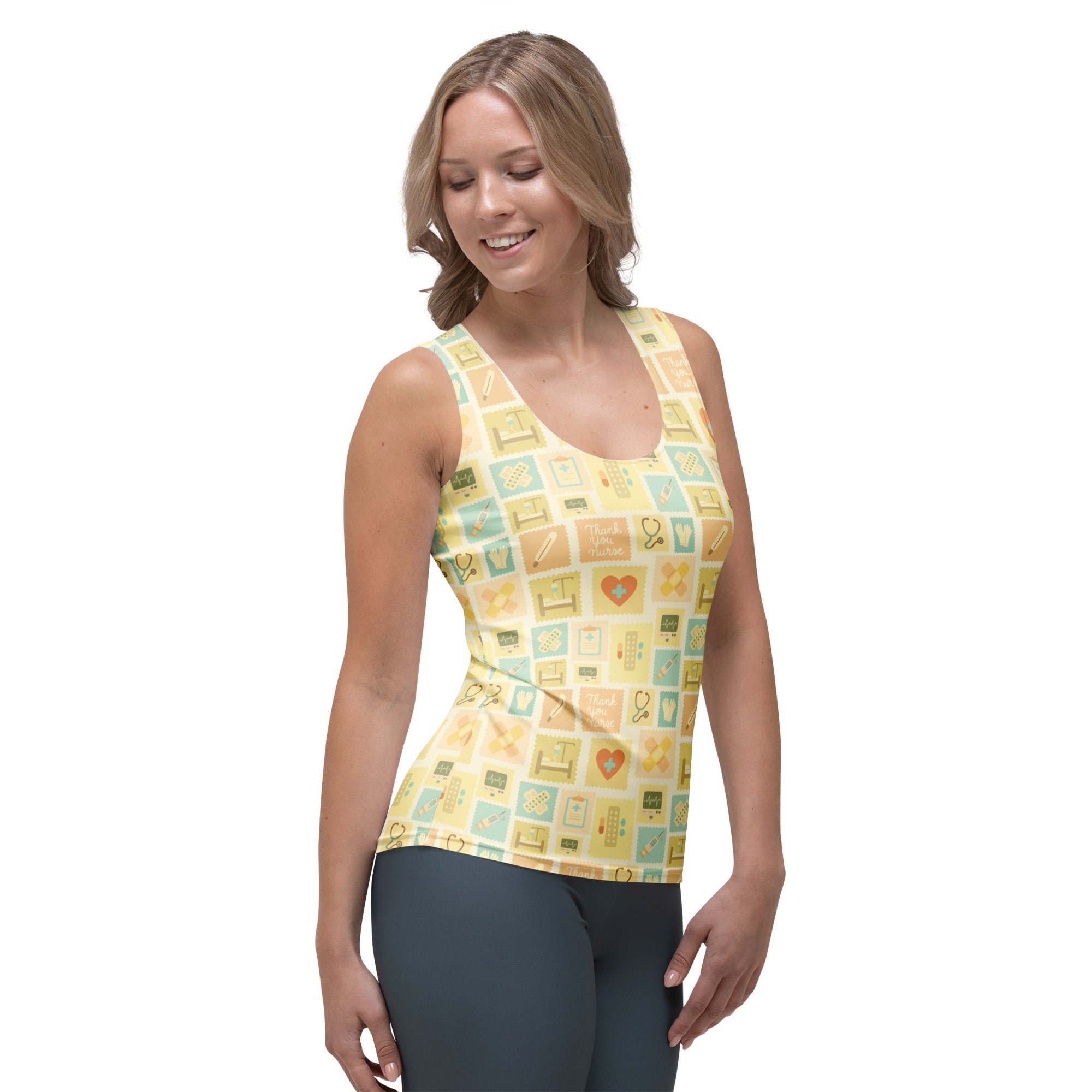 Women’s yellow nurse icon tank top with playful teal and orange medical icons quick drying buttery soft fabric upf 50+