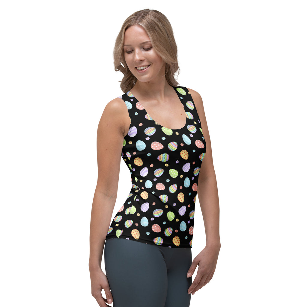 Black women’s sleeveless tank top with colorful pastel Easter eggs quick drying buttery soft fabric UPF 50+