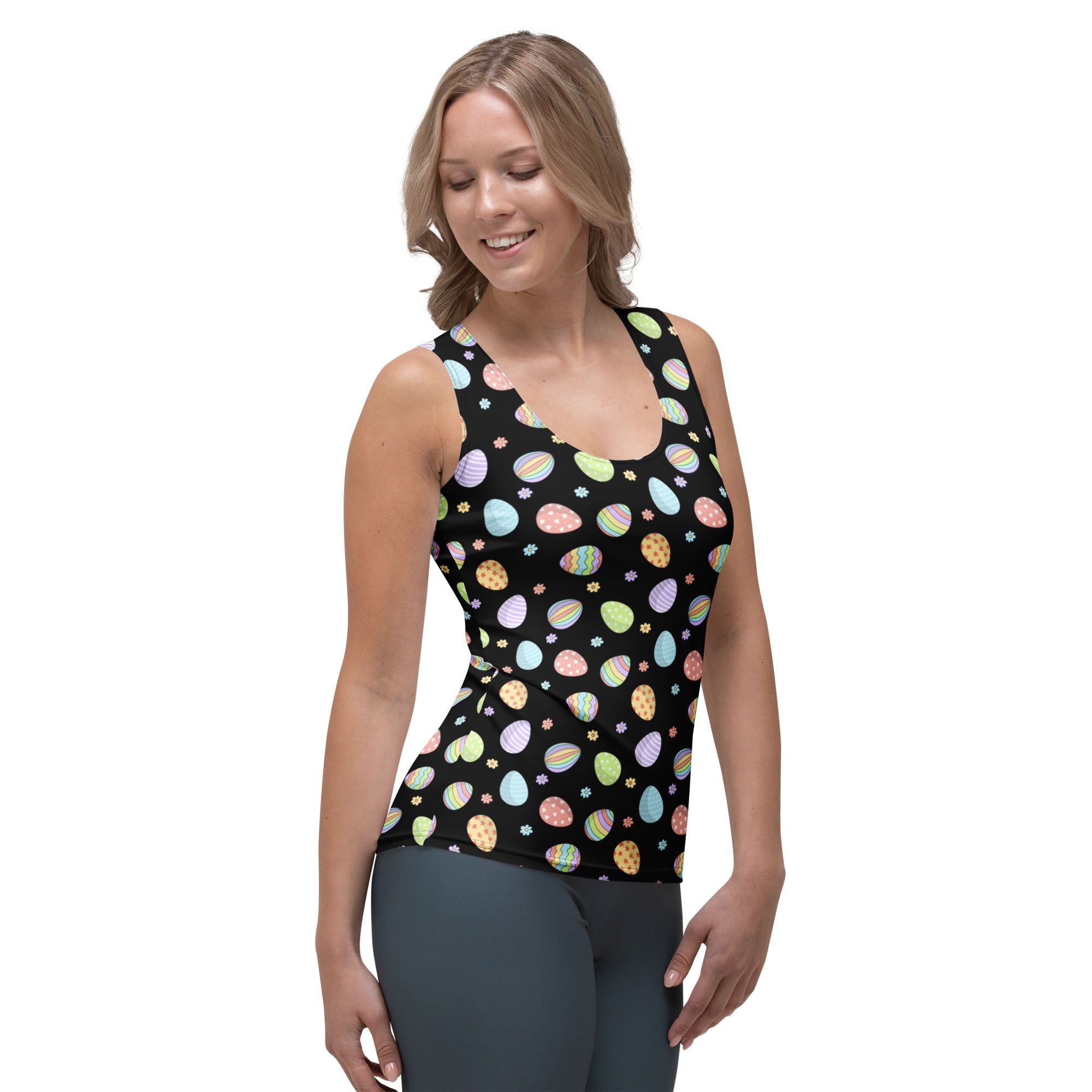 Black women’s sleeveless tank top with colorful pastel Easter eggs quick drying buttery soft fabric UPF 50+