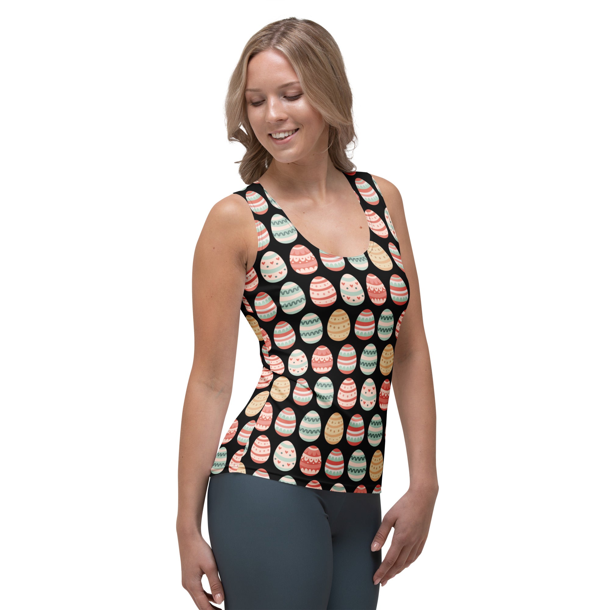 Women’s classic black tank top with colorful pastel easter egg pattern made of quick drying buttery soft fabric with upf 50+