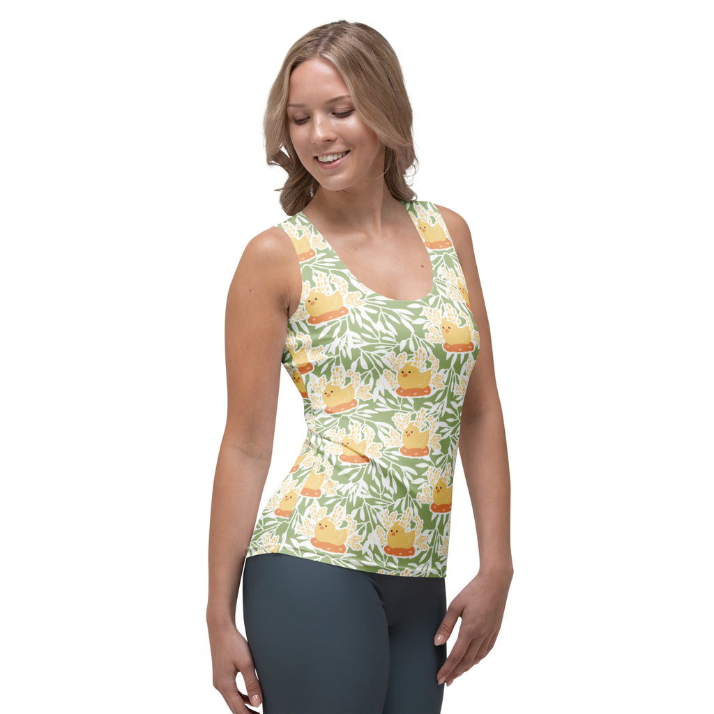 Women’s sage green sleeveless tank top with green and yellow duck pattern quick drying buttery soft fabric upf 50+