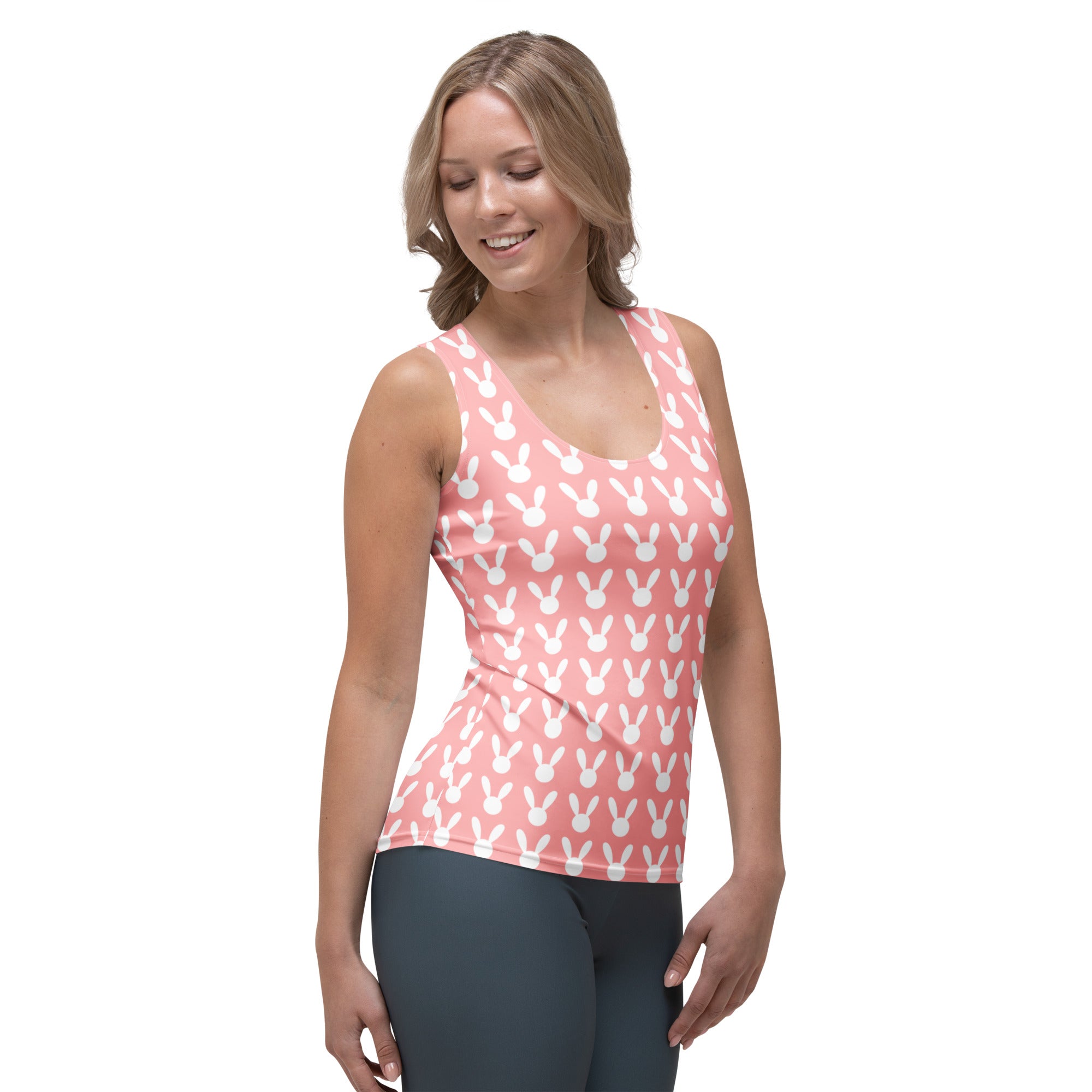 Women’s pink bunny tank top with quick drying buttery soft fabric and upf 50 plus for sun protection