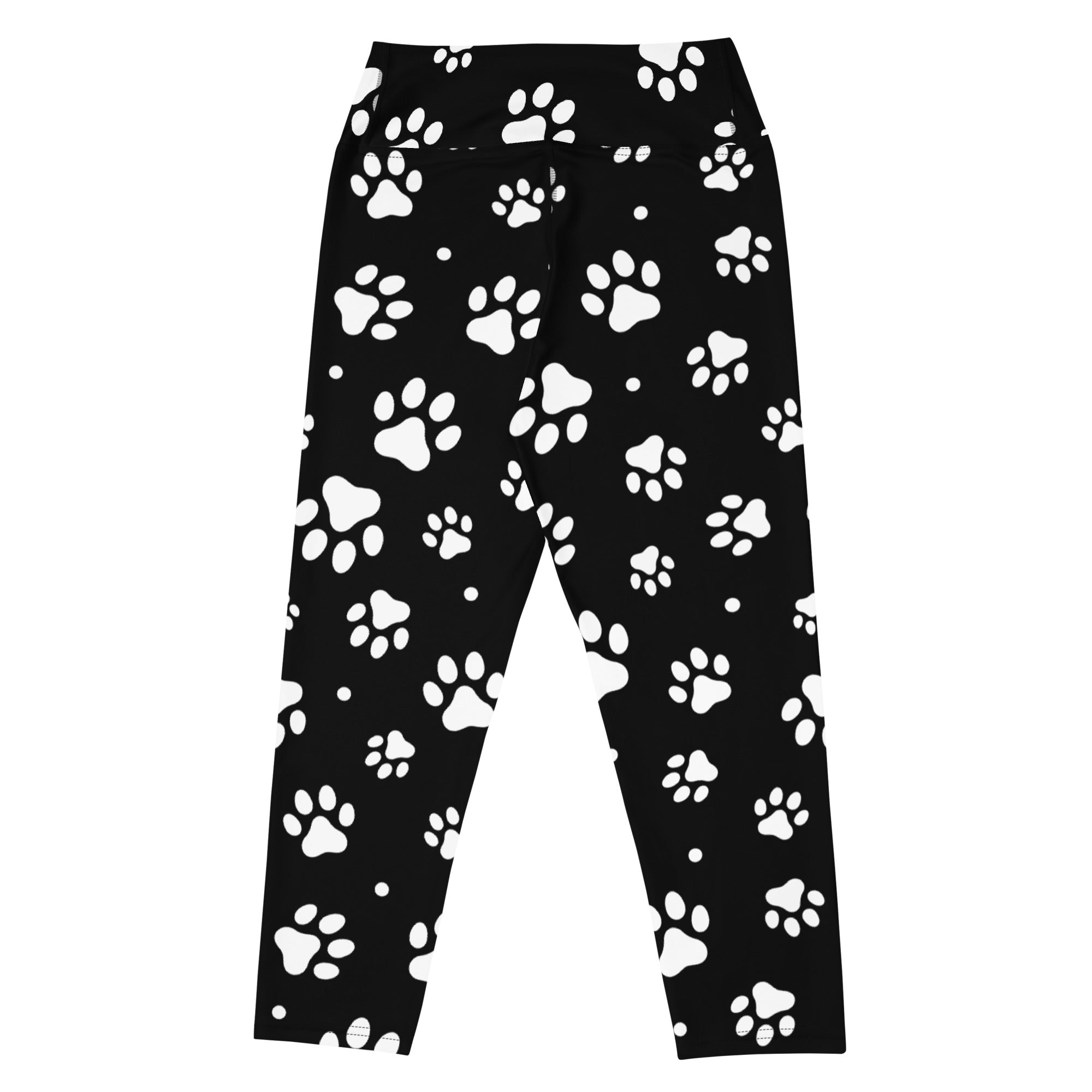 Black women’s paw print buttery soft high-rise yoga capri leggings with white paw patterns and moisture-wicking fabric