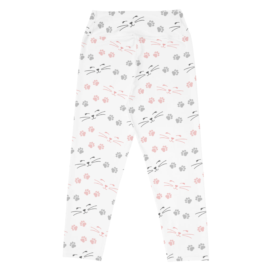 White buttery soft high-rise yoga capri leggings with pink and gray cat faces and paw prints moisture-wicking