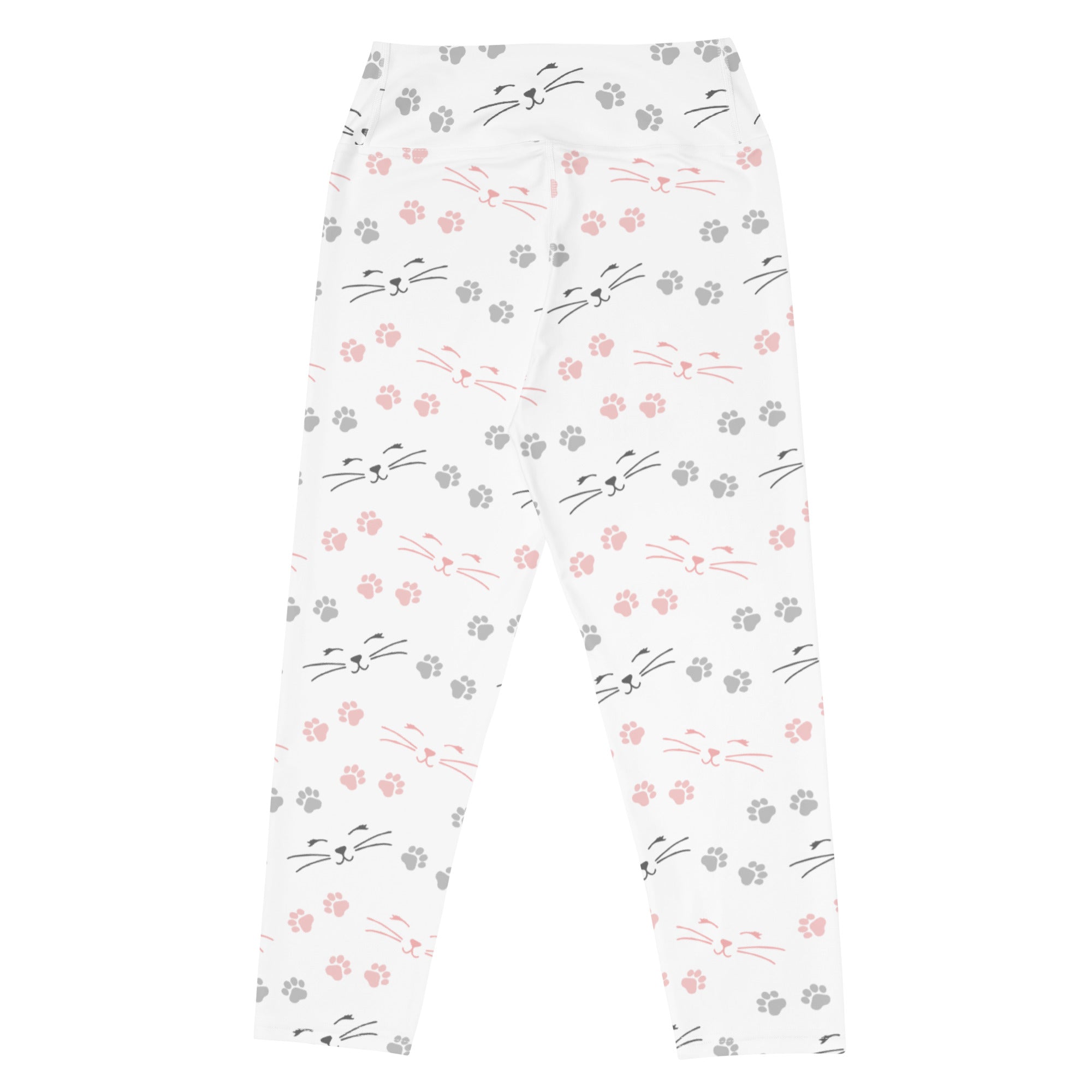 White buttery soft high-rise yoga capri leggings with pink and gray cat faces and paw prints moisture-wicking