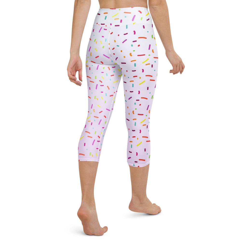 White capri leggings with colorful sprinkles pattern buttery soft high rise moisture wicking yoga activewear pants