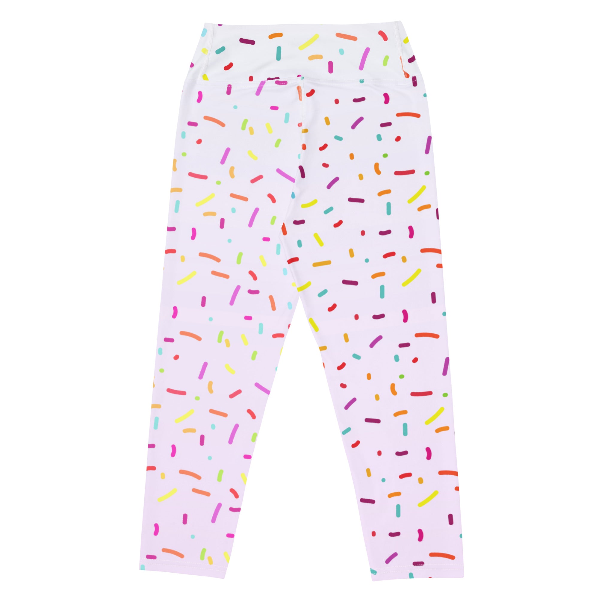 White buttery soft high-rise yoga capri leggings with colorful sprinkle pattern in pink yellow orange green and purple