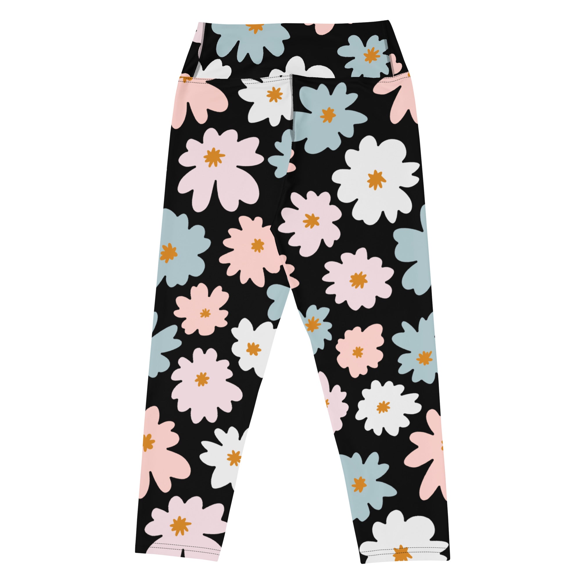 Women’s high-rise black leggings with pastel pink white and blue floral pattern buttery soft moisture-wicking capri