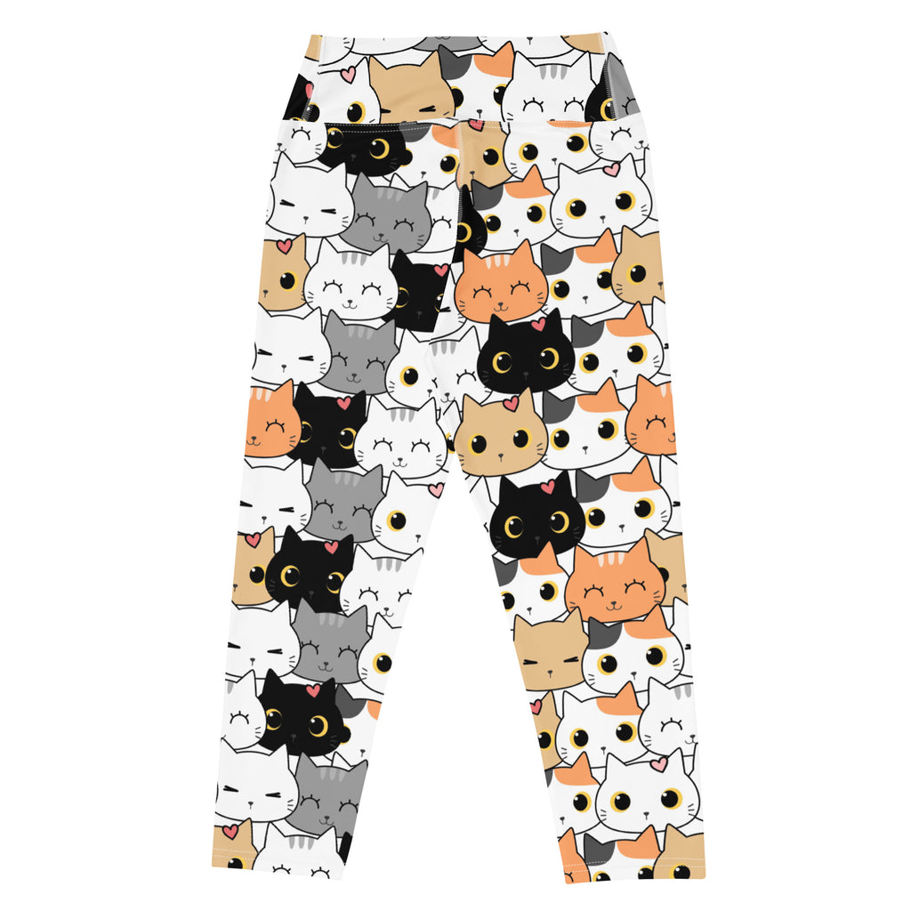 White high-rise women’s cat face yoga capri leggings with playful cartoon cats and hearts in buttery soft stretch fabric