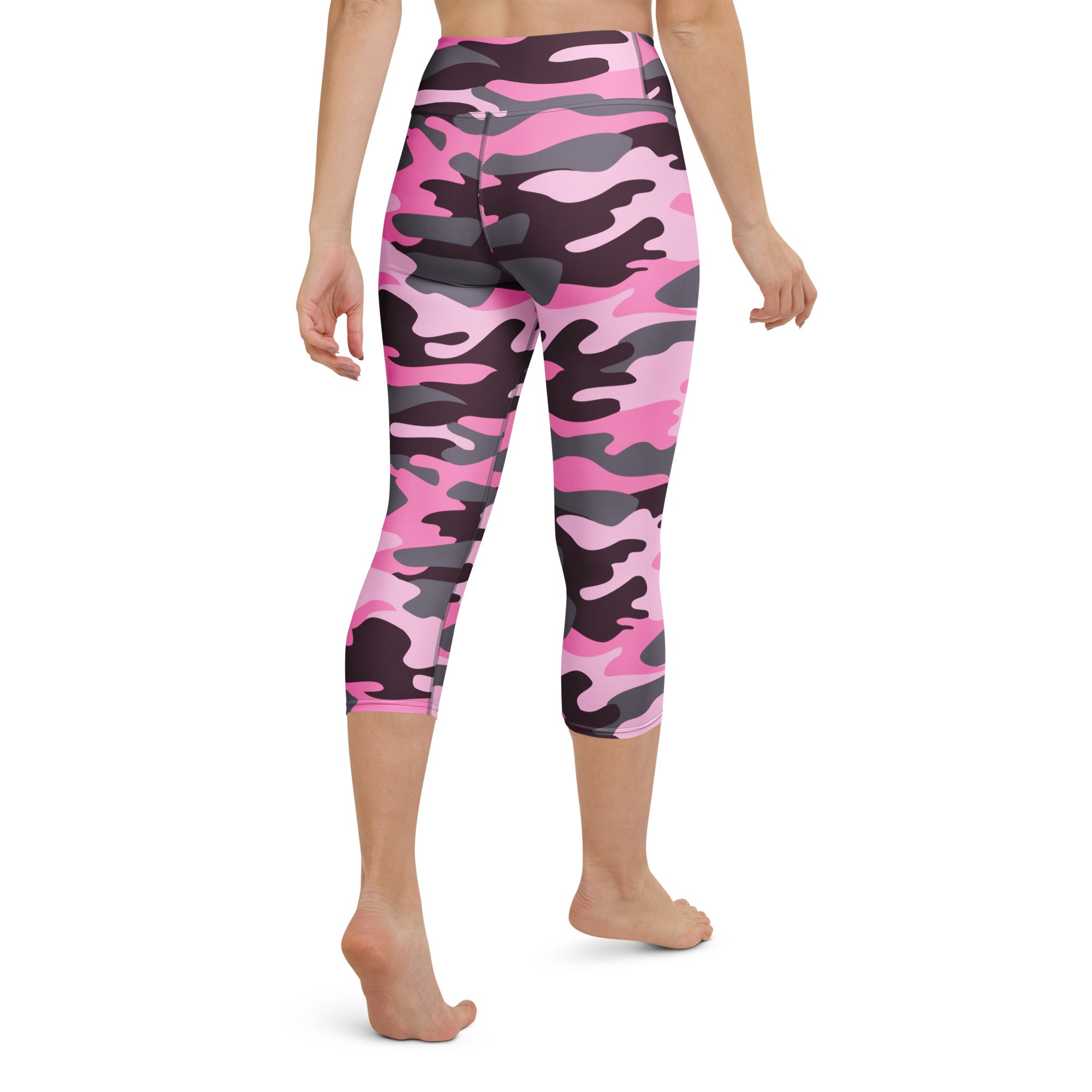 Women’s pink and black camouflage buttery soft high-rise yoga capri leggings with moisture-wicking stretch fabric