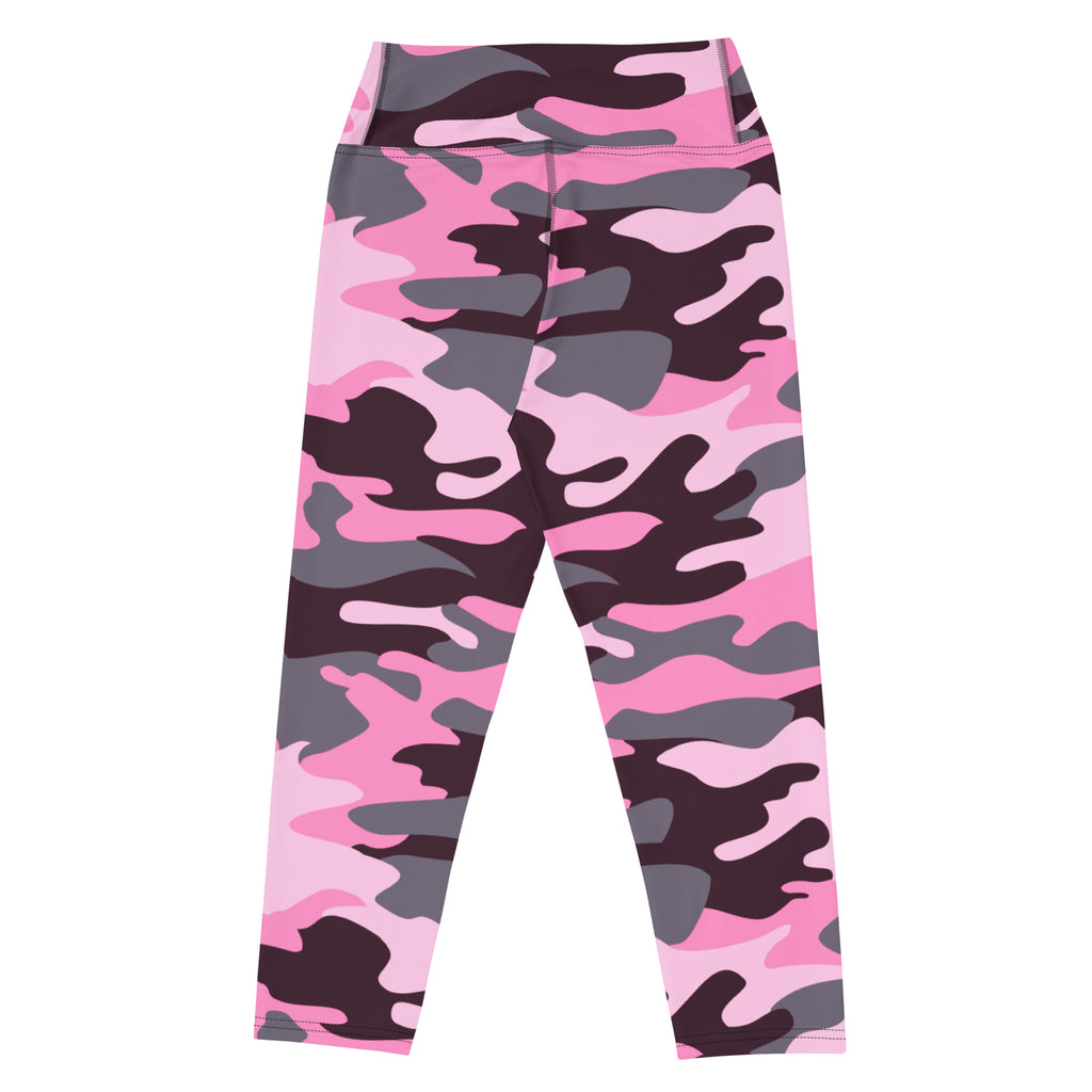 Women’s pink and gray camouflage high-rise buttery soft moisture-wicking yoga capri leggings front view