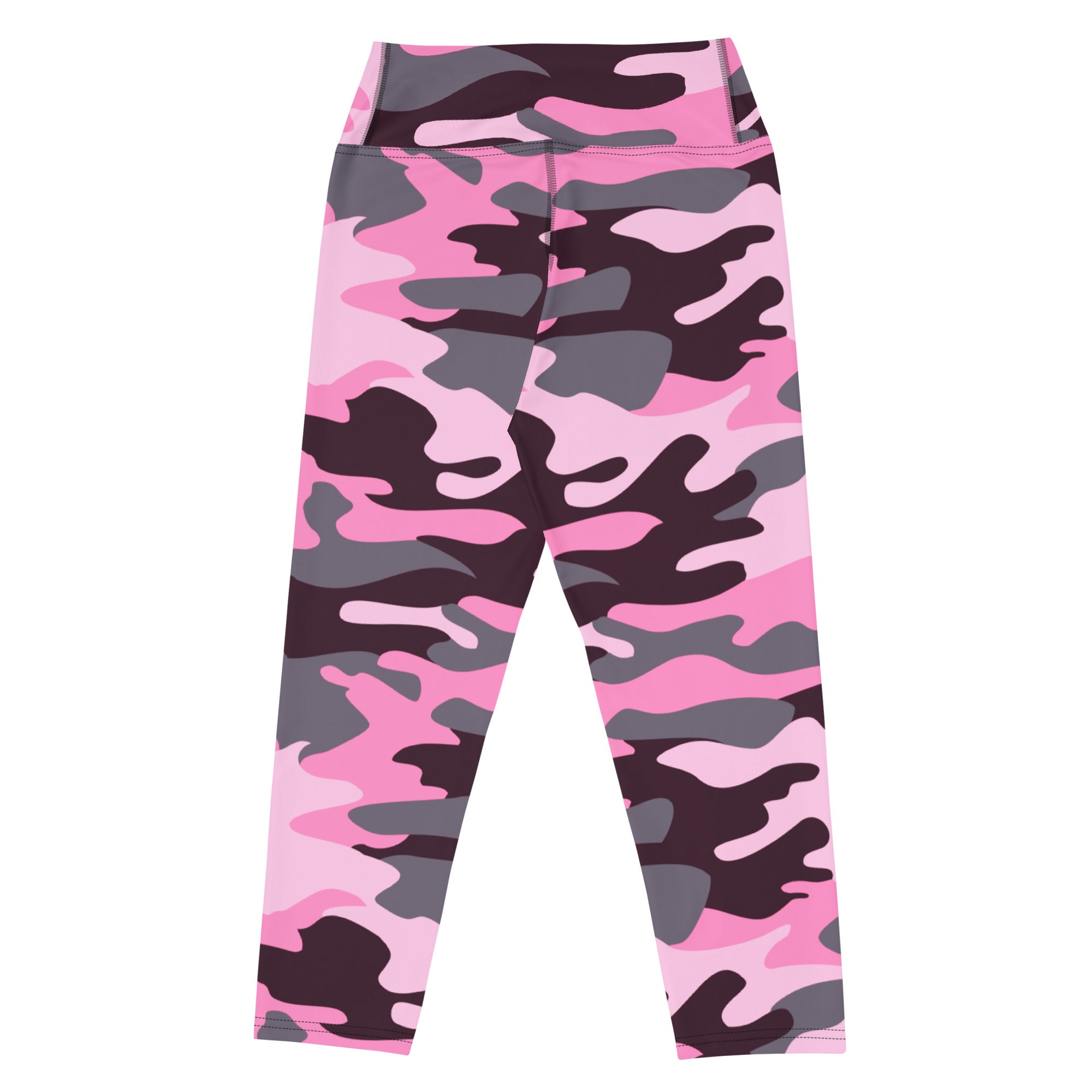 Women’s pink and gray camouflage high-rise buttery soft moisture-wicking yoga capri leggings front view