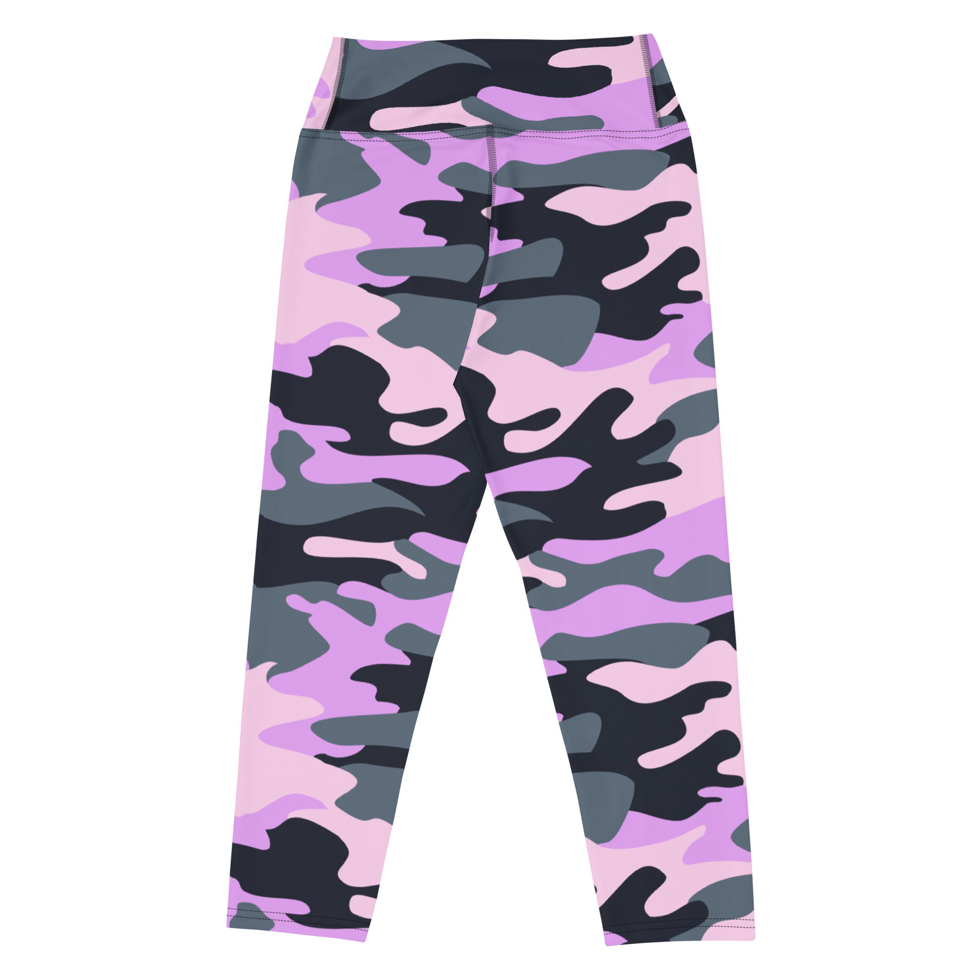 Women’s purple pink gray and black camouflage high-rise buttery soft moisture-wicking yoga capri leggings front view