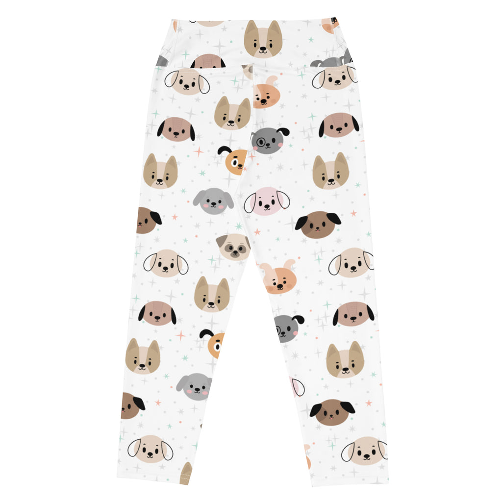 White women’s dog face buttery soft yoga capri leggings with playful beige gray and peach cartoon dog pattern