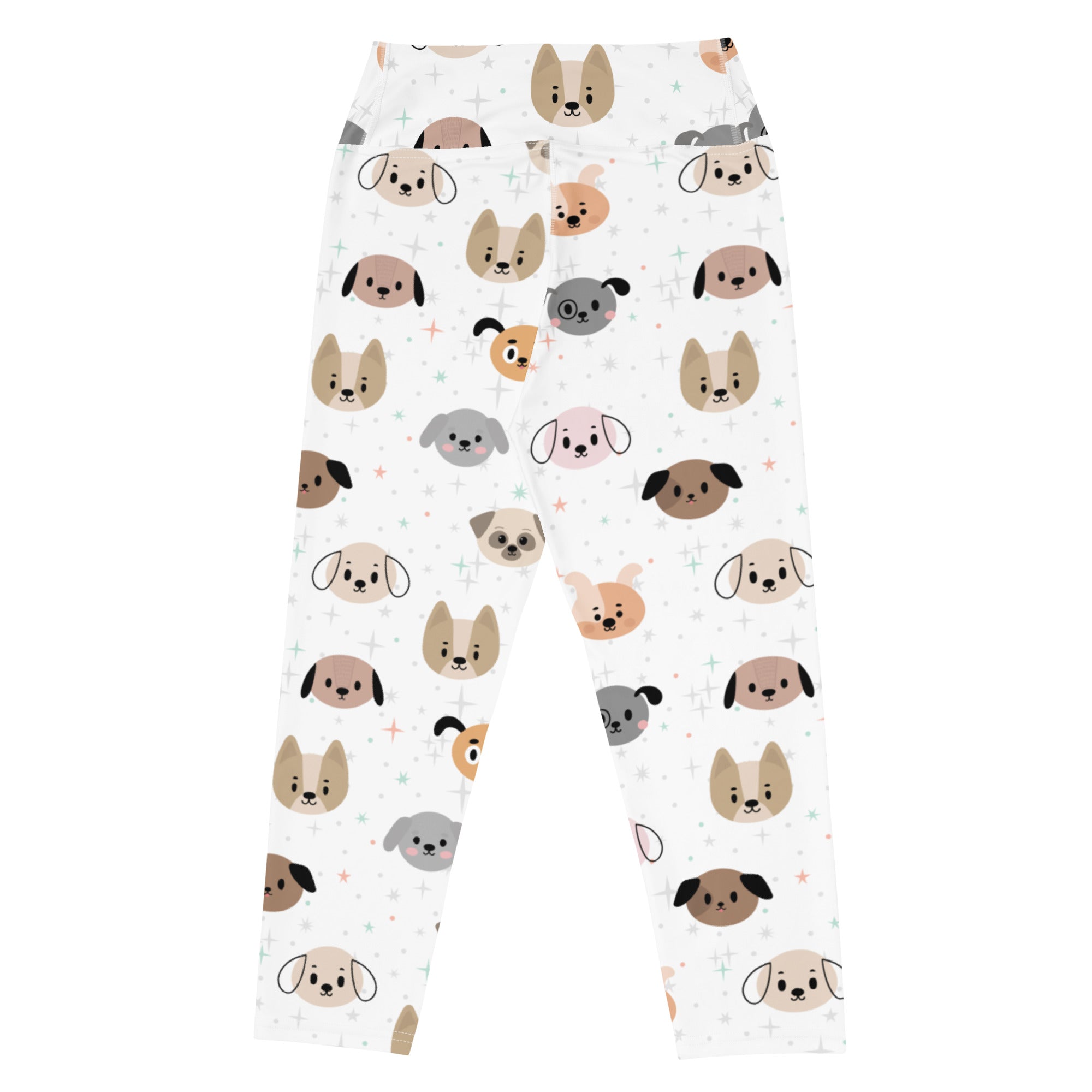 White women’s dog face buttery soft yoga capri leggings with playful beige gray and peach cartoon dog pattern