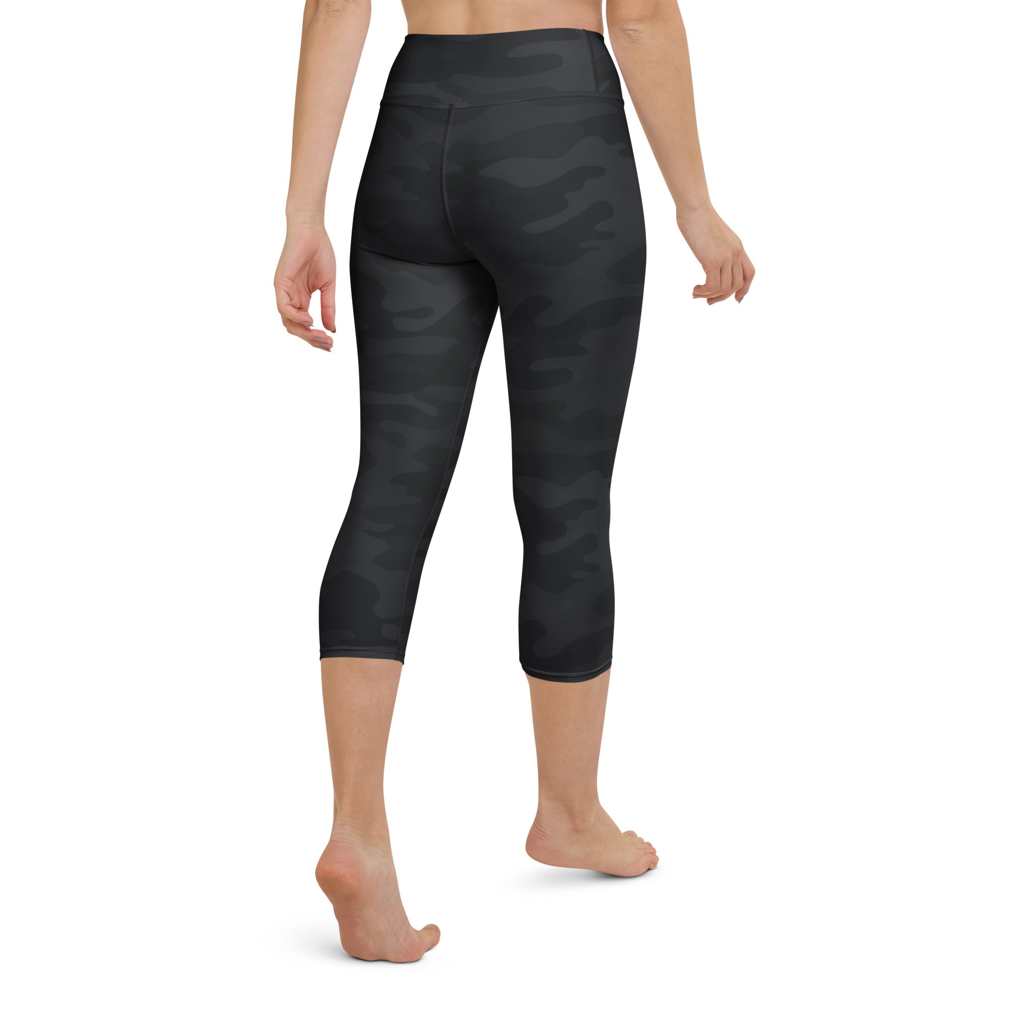Women’s black camouflage buttery soft high-rise moisture-wicking yoga capri leggings made of soft stretch fabric