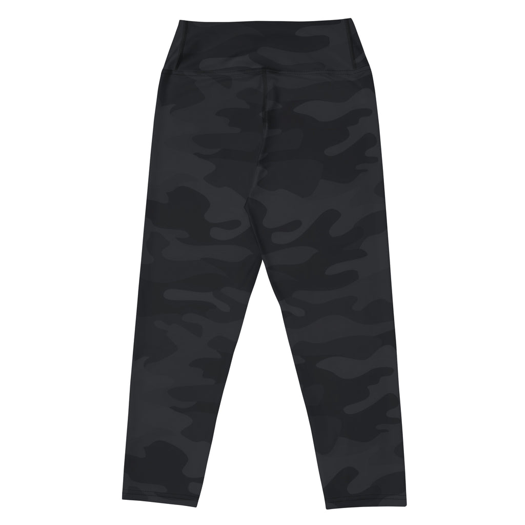 Women’s black camouflage high-rise yoga capri leggings made of buttery soft moisture-wicking stretch fabric