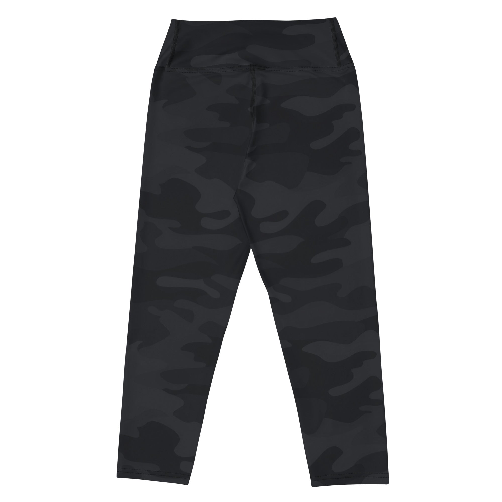 Women’s black camouflage high-rise yoga capri leggings made of buttery soft moisture-wicking stretch fabric