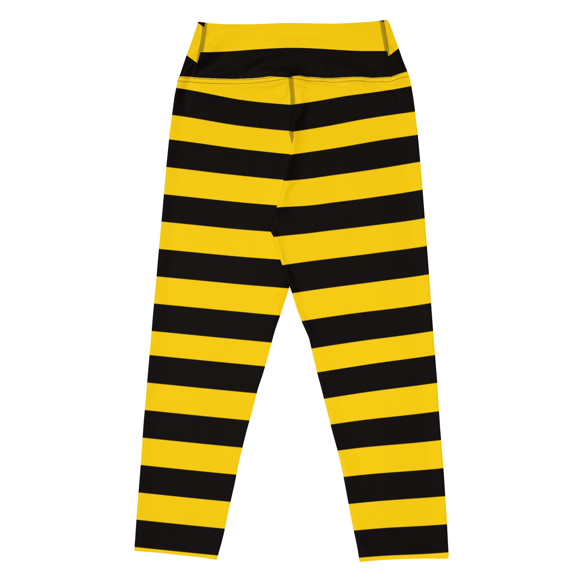 Women’s high-rise yellow and black striped buttery soft yoga capri leggings with moisture-wicking stretch fabric