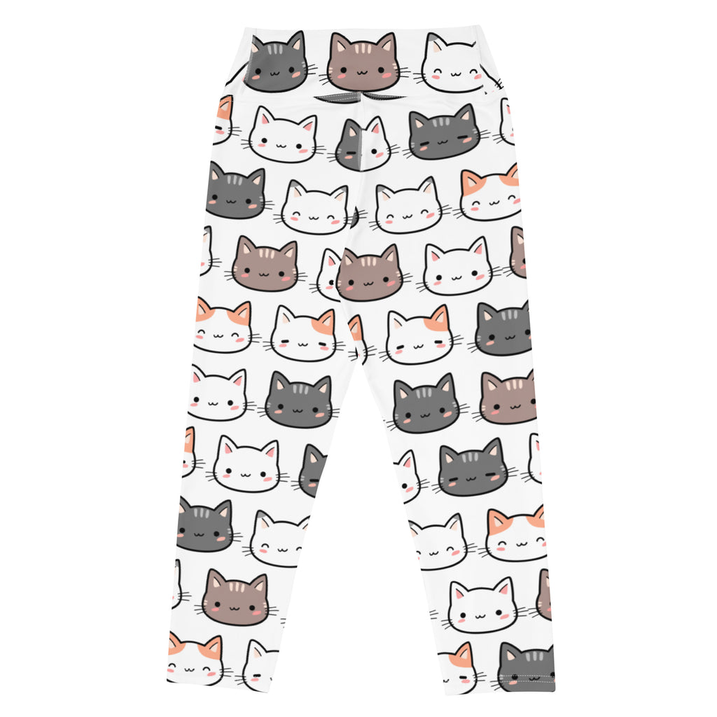 Women’s white buttery soft high-rise yoga capri leggings with colorful cartoon cat pattern and moisture-wicking fabric