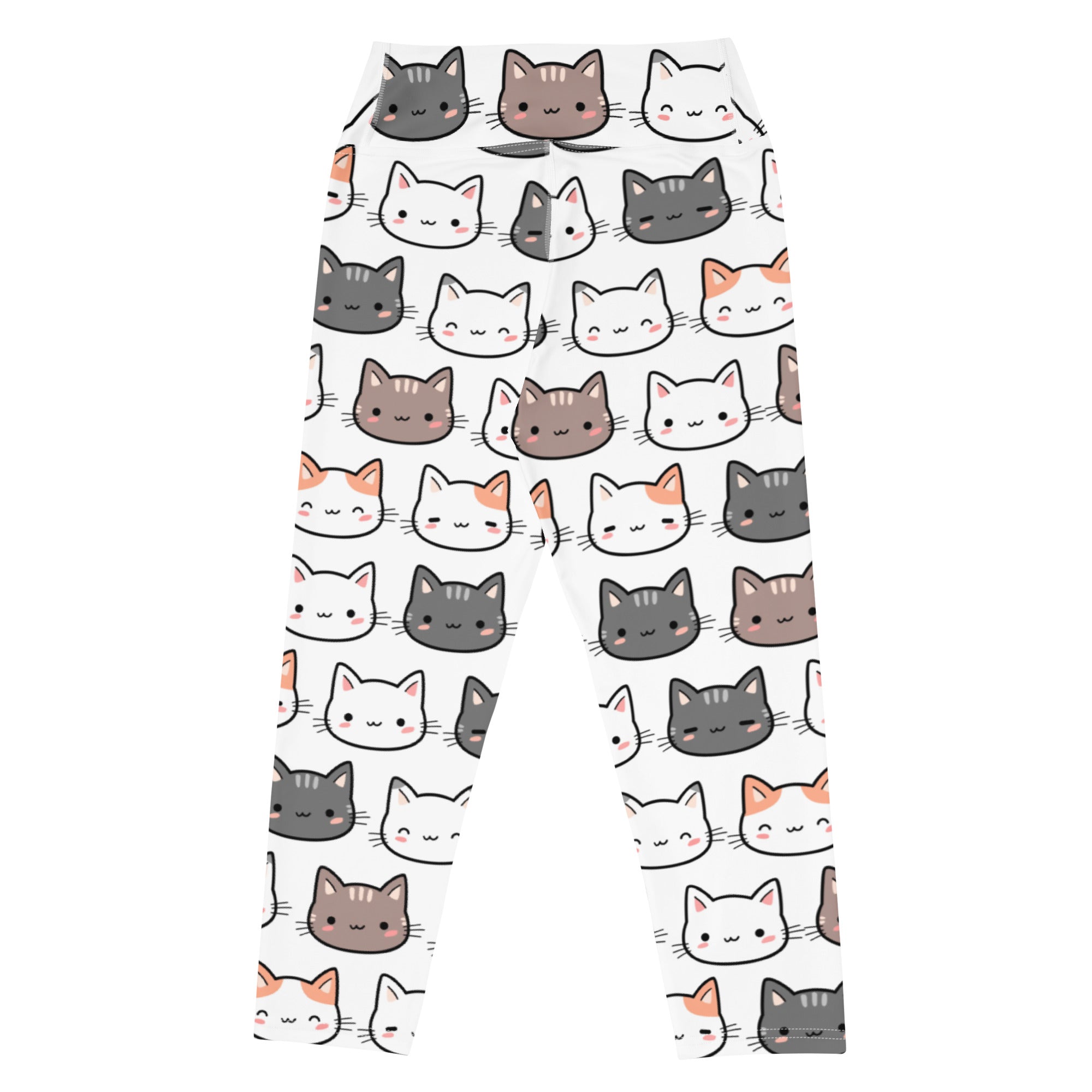 Women’s white buttery soft high-rise yoga capri leggings with colorful cartoon cat pattern and moisture-wicking fabric