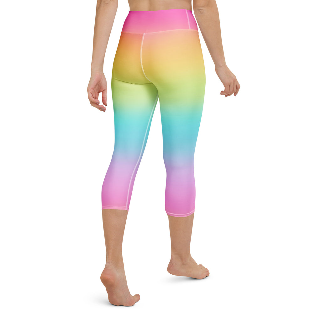 Women’s high-rise rainbow gradient capri leggings made of buttery soft moisture-wicking stretchy fabric