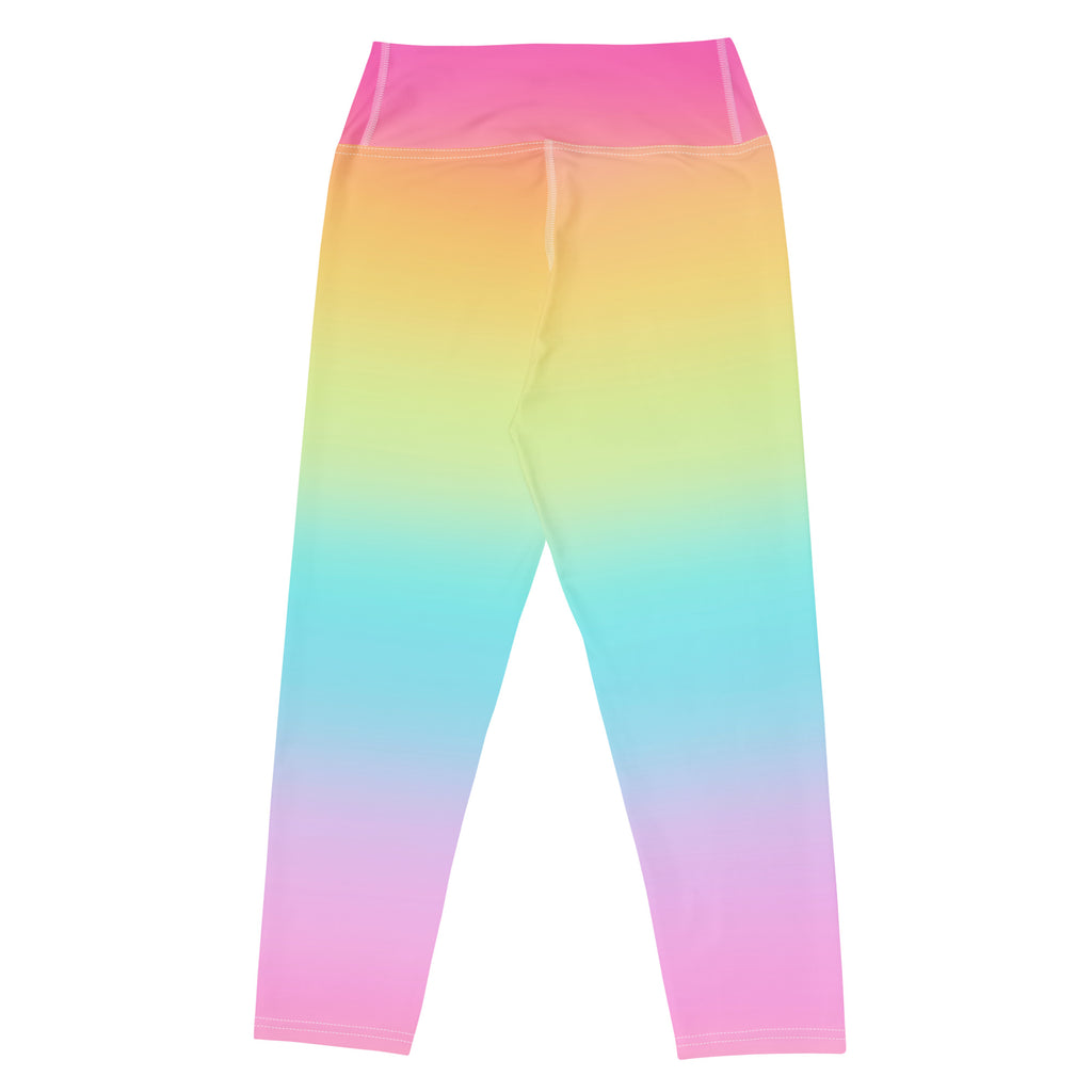 Women’s bright rainbow high-rise yoga capri leggings with buttery soft stretchy moisture-wicking fabric