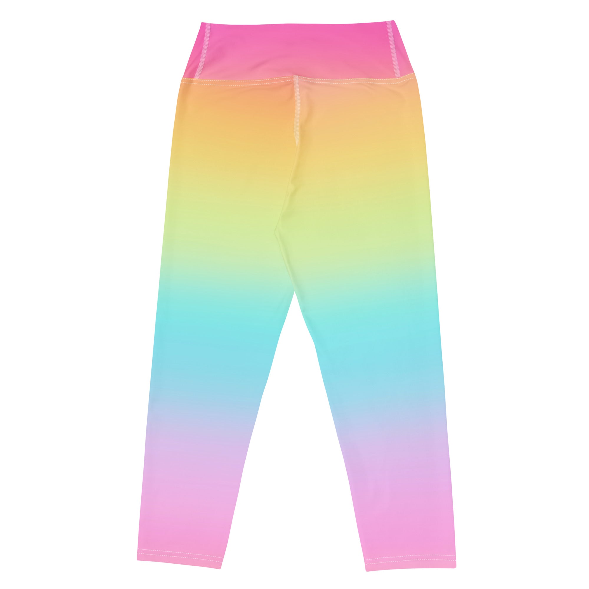 Women’s bright rainbow high-rise yoga capri leggings with buttery soft stretchy moisture-wicking fabric