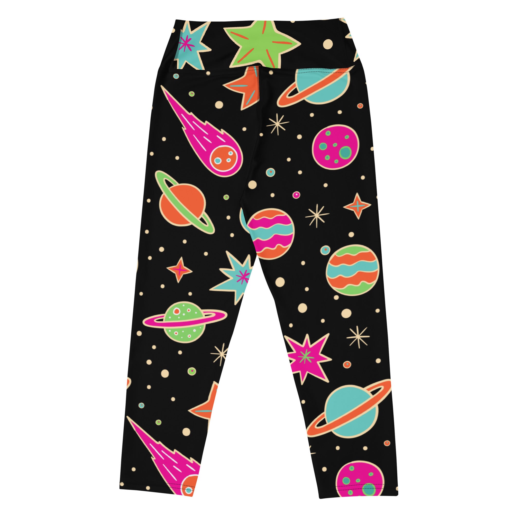 Women’s retro galaxy buttery soft high-rise black leggings with neon space print for moisture-wicking yoga