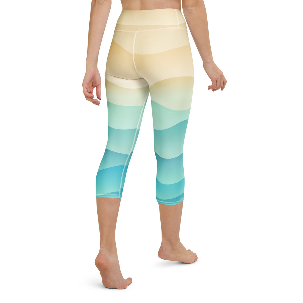 Women’s coastal gradient buttery soft high-rise yoga capri leggings with beige mint green and teal wave design