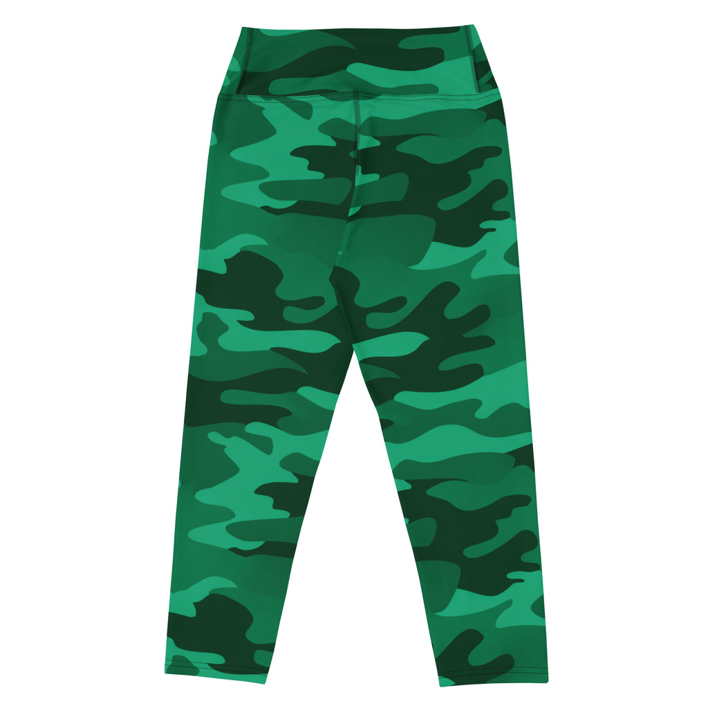 Women’s green camouflage high-rise yoga capri leggings made of buttery soft moisture-wicking stretch fabric